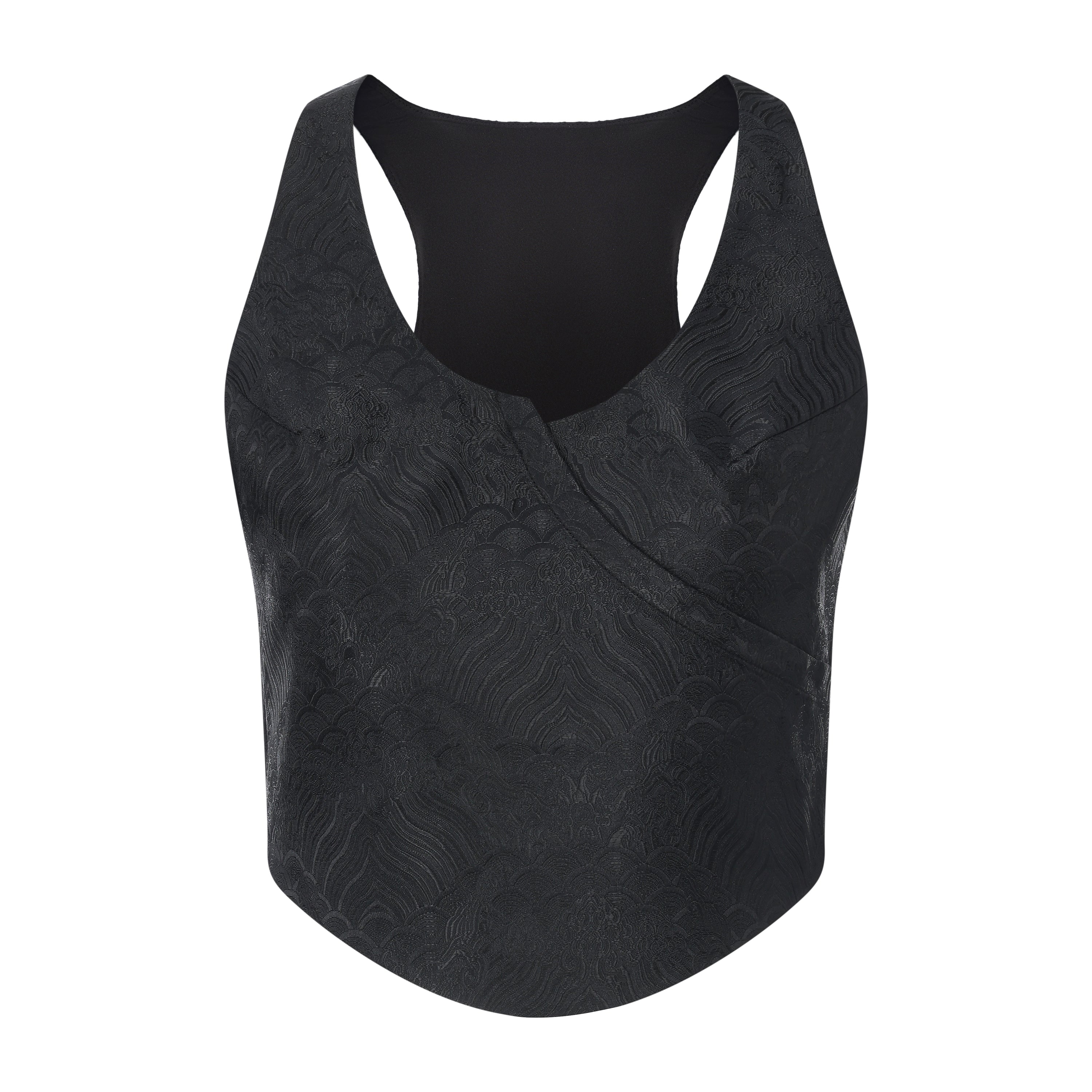 Song V Wrap Brocade Crop Top Black by DAWANG