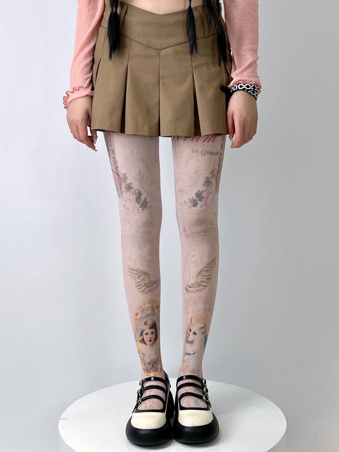Cartoon Girl & Cat Print Tights - Hot BonBon by Land Decora