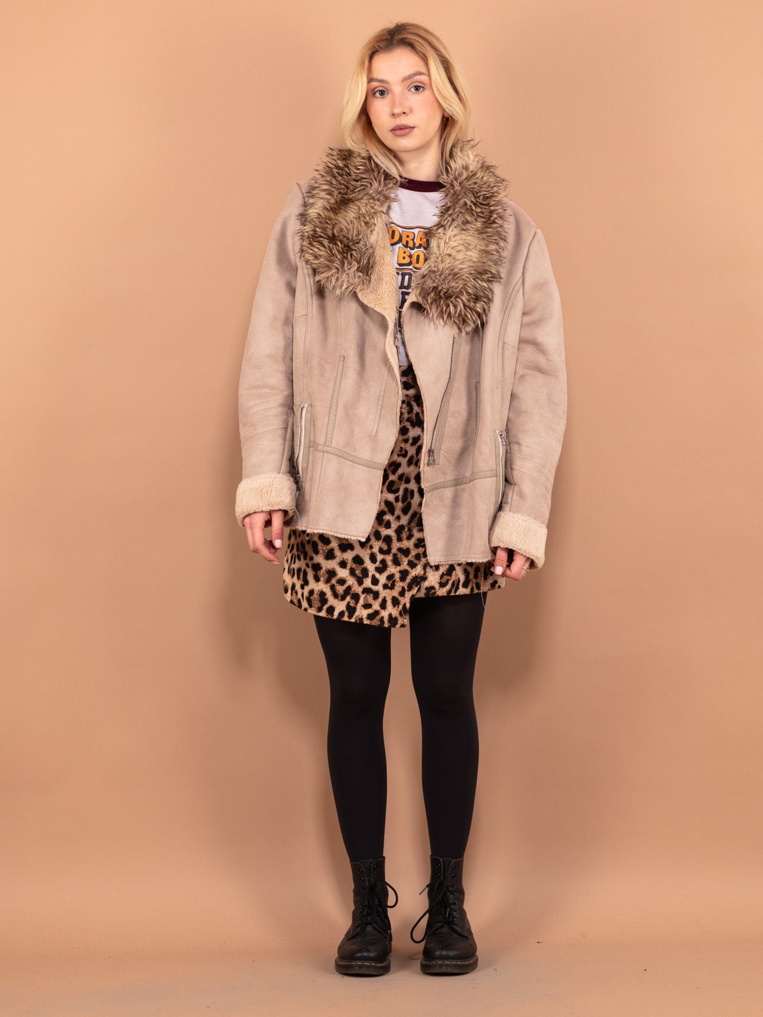 Vintage 90's Women Faux Shearling Jacket in Beige by Northern Grip
