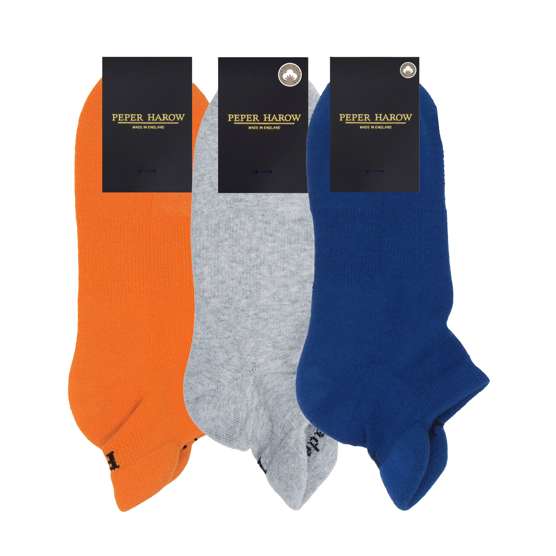 Men’s Organic Trainer Sports Sock 3 Pack – Orange, Grey and Blue by Peper Harow
