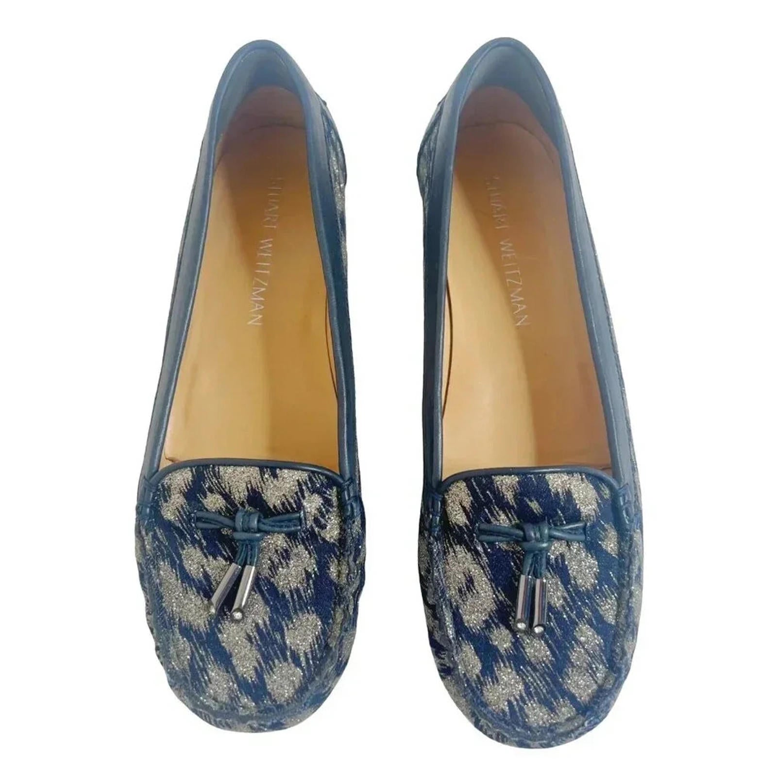Like New Stuart Weitzman Blue Leather and Gold Glitter Loafer Flats Si by Hot Girl Secondhand
