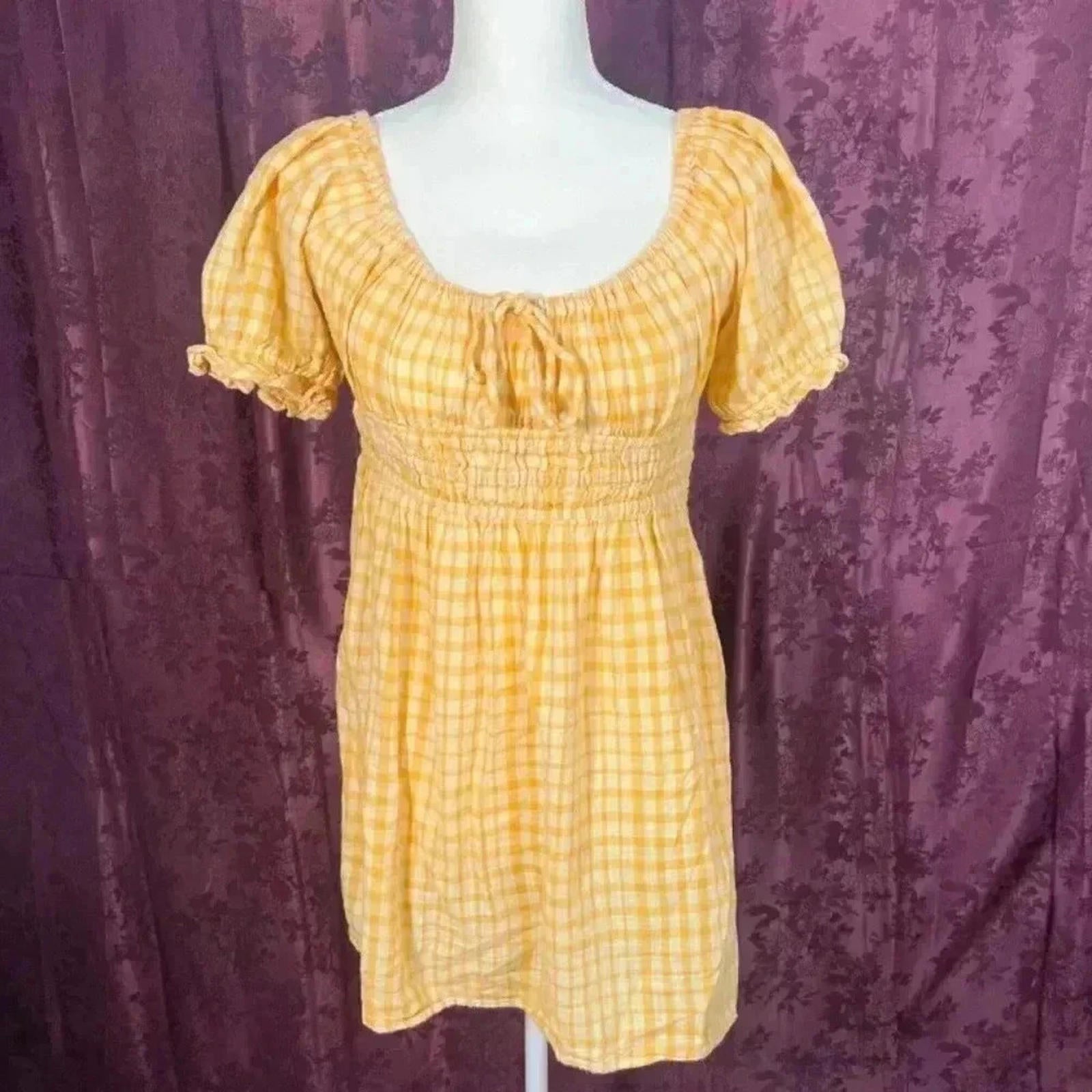 Urban Outfitters Womens Milkmaid Dress Puff Sleeves Yellow Plaid Gingh by Hot Girl Secondhand