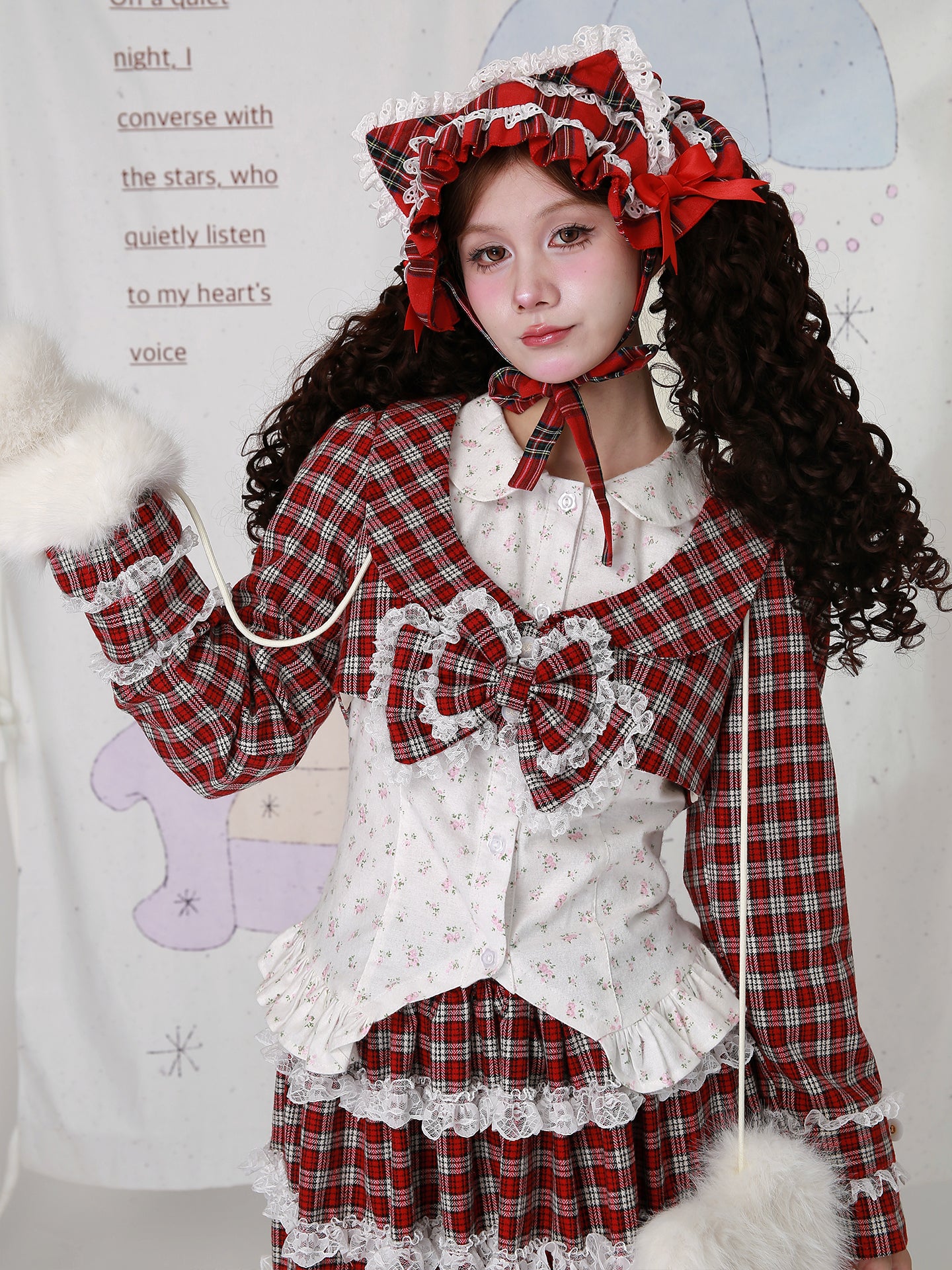 Kawaii Jacket Showa Retro Christmas Red Plaid Bow Long Sleeve - SOS MEME CLUB by Land Decora