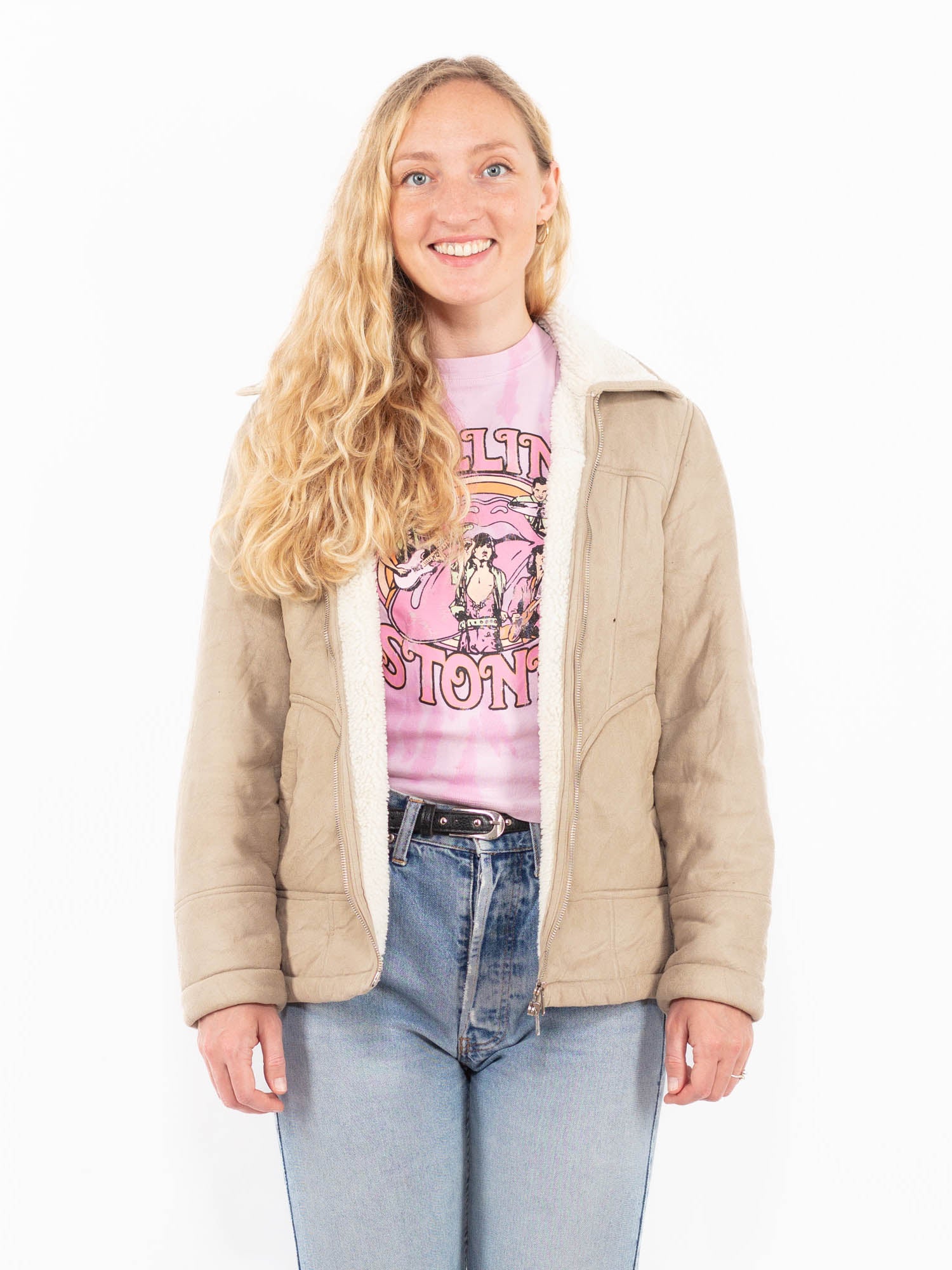 Vintage 90's Women Faux Sheepskin Jacket in Beige by Northern Grip