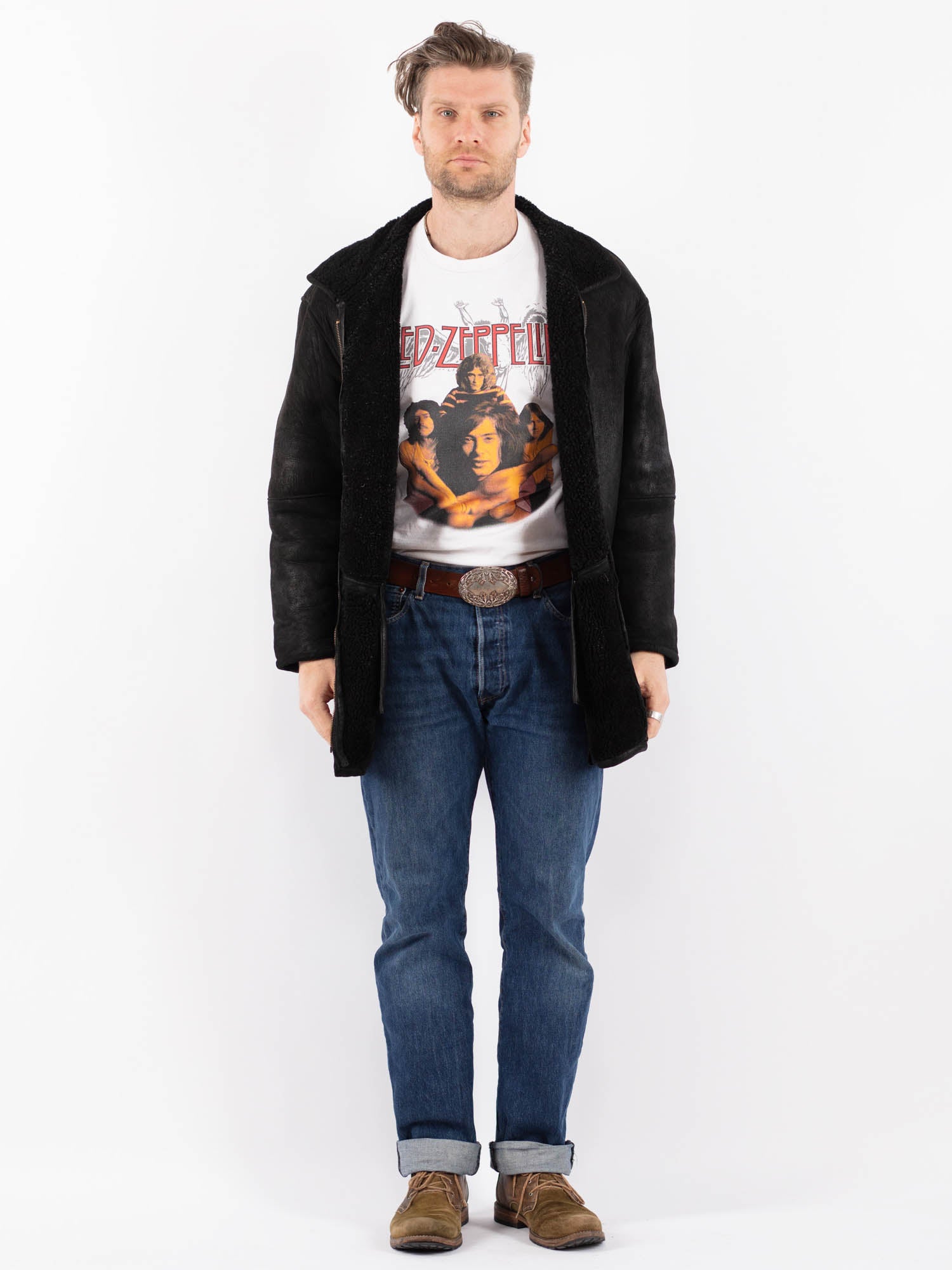 Vintage 90's Men Sheepskin Coat in Black by Northern Grip