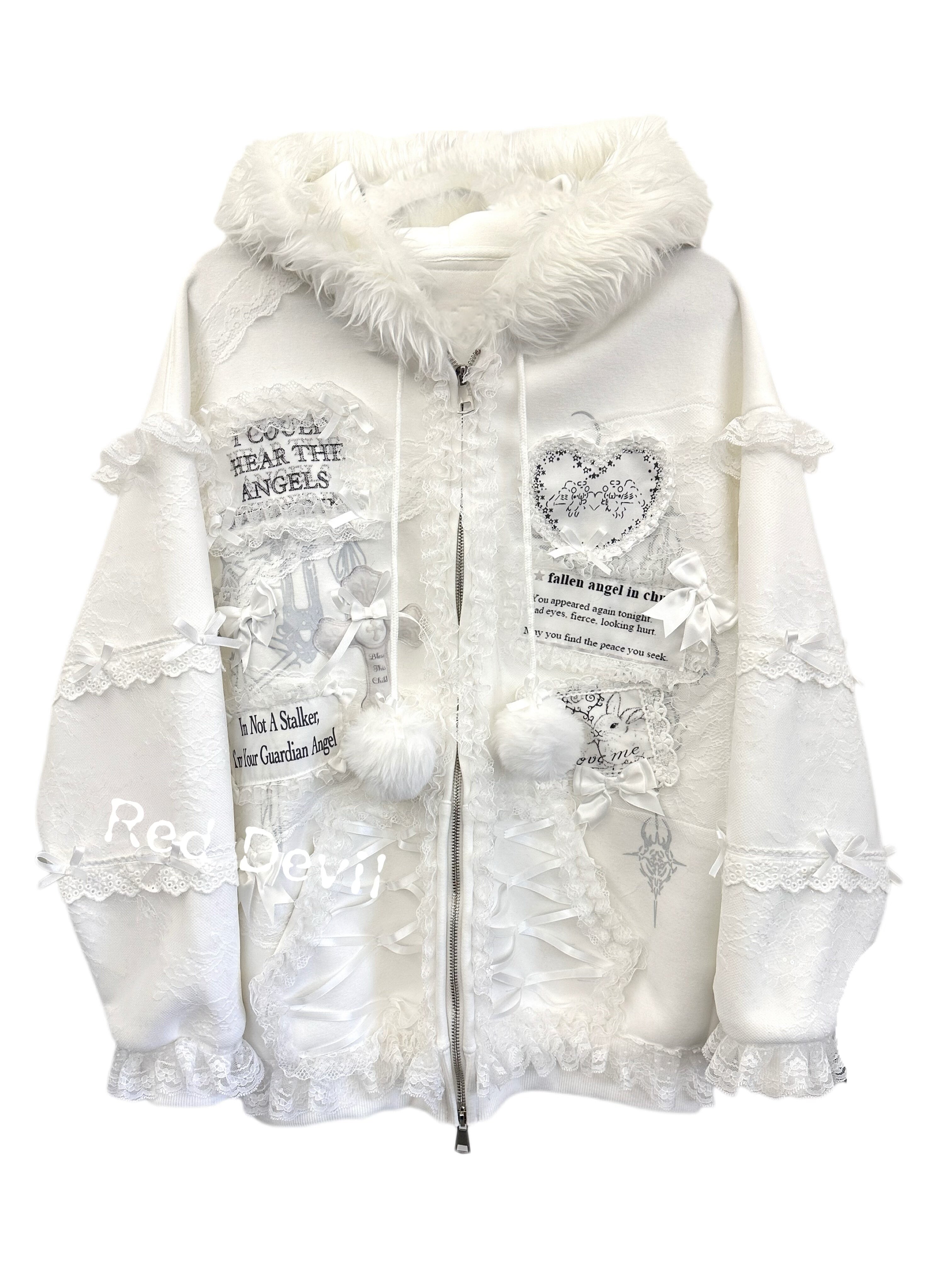 Harajuku Kawaii Lace Fleece Hoodie Jacket White Fur Collar Dreamy Handmade - RedDevil by Land Decora