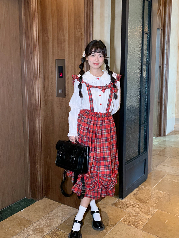 Kawaii Red Plaid Bubble Skirt Adjustable Strap Mid-Length - Mameya by Land Decora