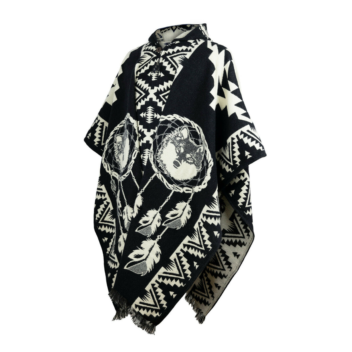 Lupu - Baby Alpaca wool Unisex Hooded Poncho Pullover M-XXL - Wolf pat by ECUALAMA