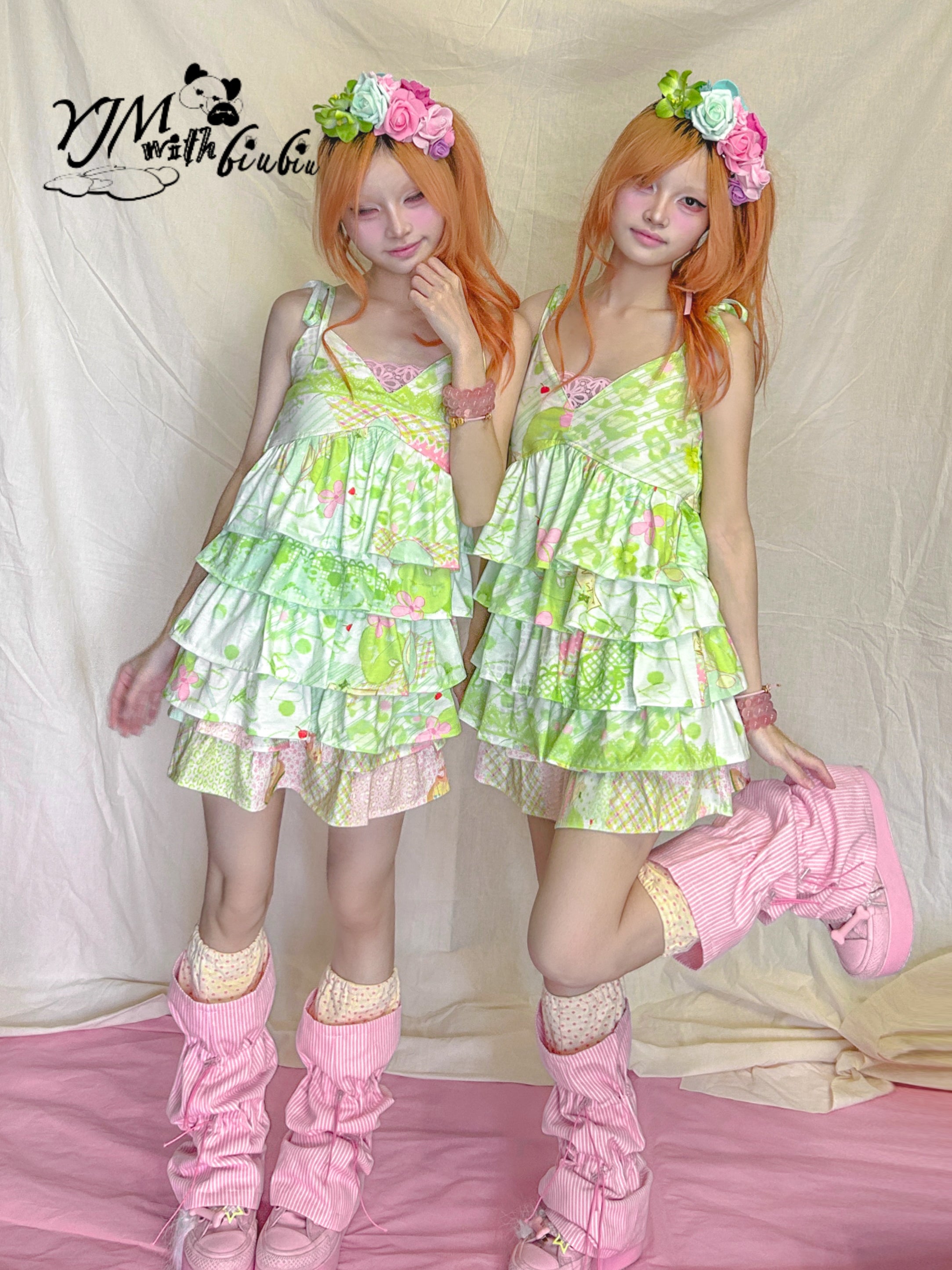 Kawaii Ruffle Tiered Cami Dress Elastic Bust Fit - YJM with biubiu by Land Decora