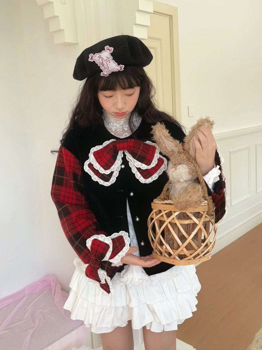 Red Plaid Velvet Bow Jacket - daytoday everyday institute by Land Decora