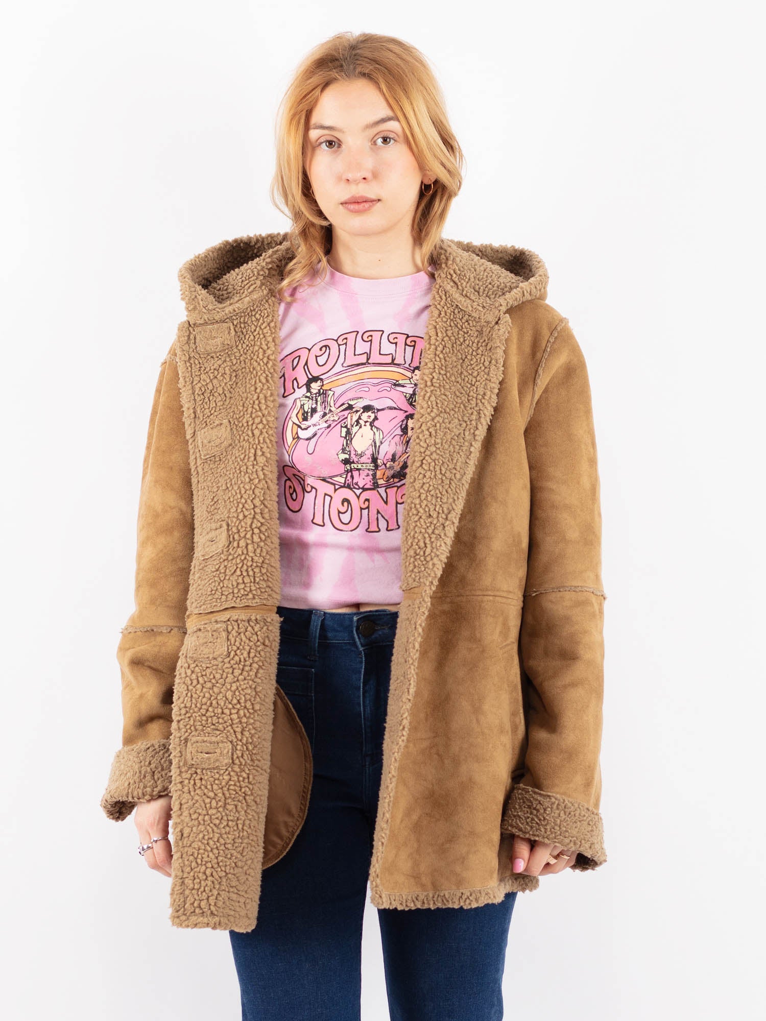 Vintage 90's Women Hooded Faux Sheepskin Coat in Beige by Northern Grip