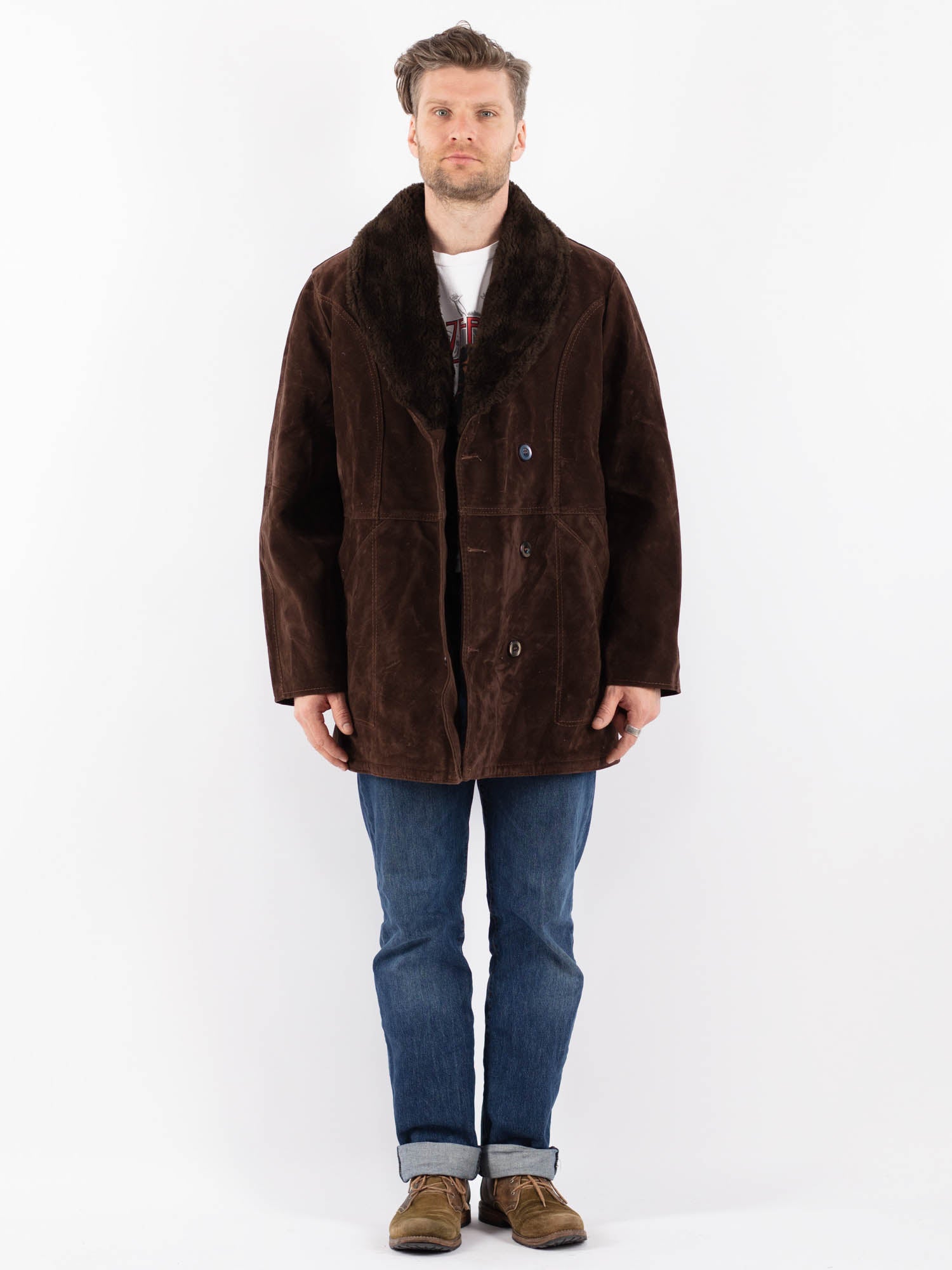 Vintage 90's Men Faux Sheepskin Coat in Brown by Northern Grip
