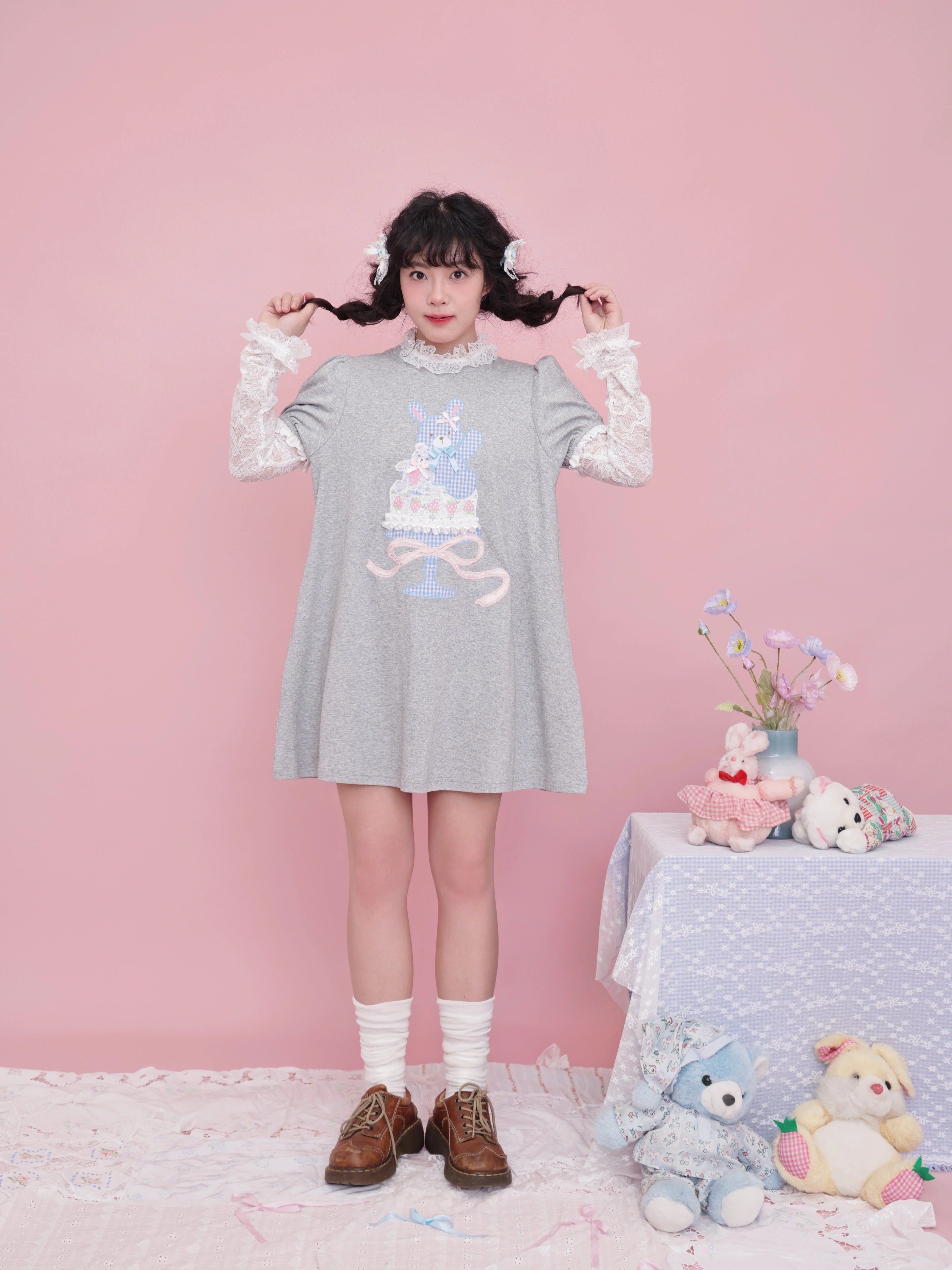 SemenCoicis Sweet Doll Knit Dress | Kawaii Puff Sleeves & Bow Ribbon D by Land Decora