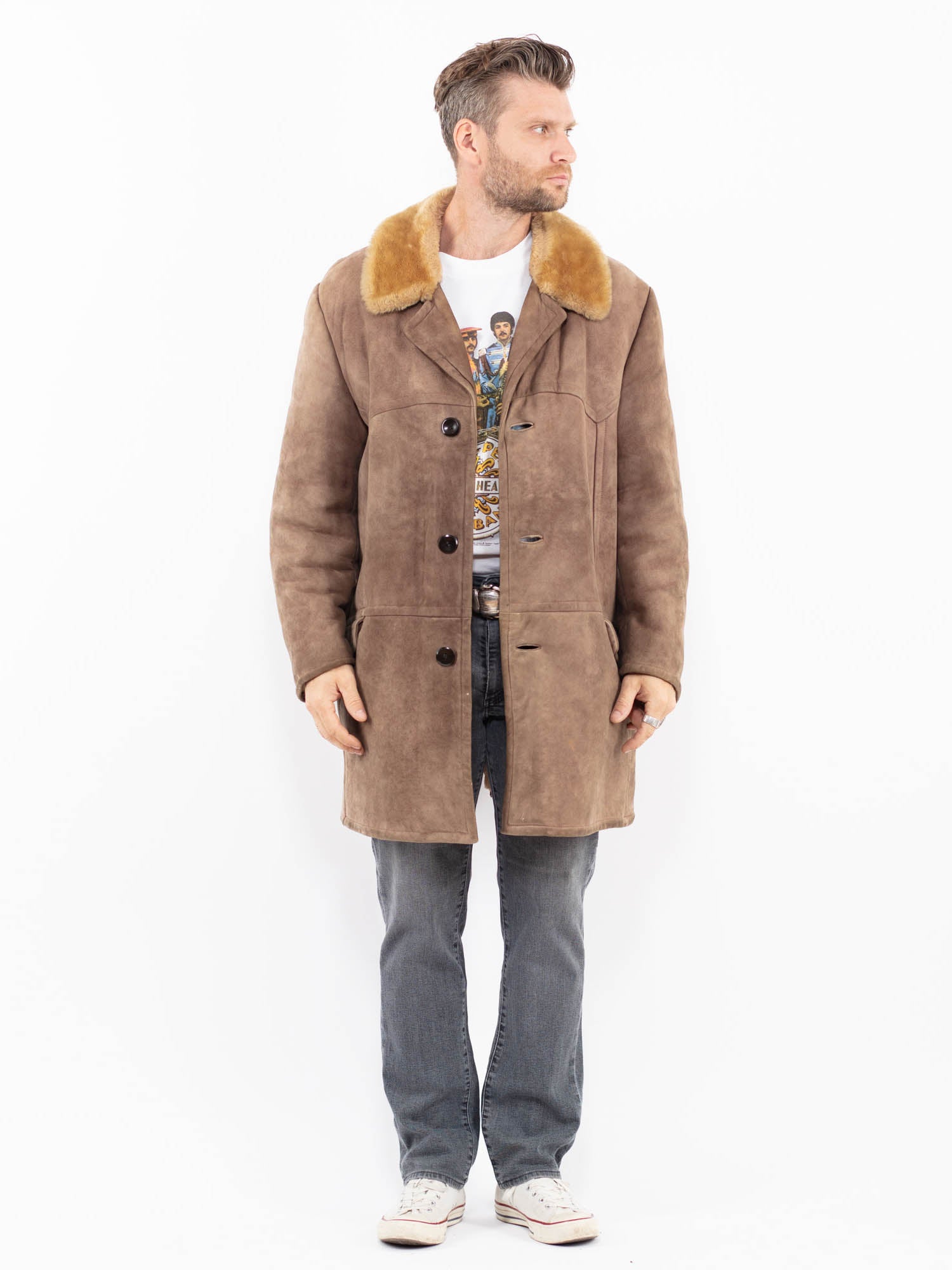 Vintage 70's Men Sheepskin Coat in Beige by Northern Grip
