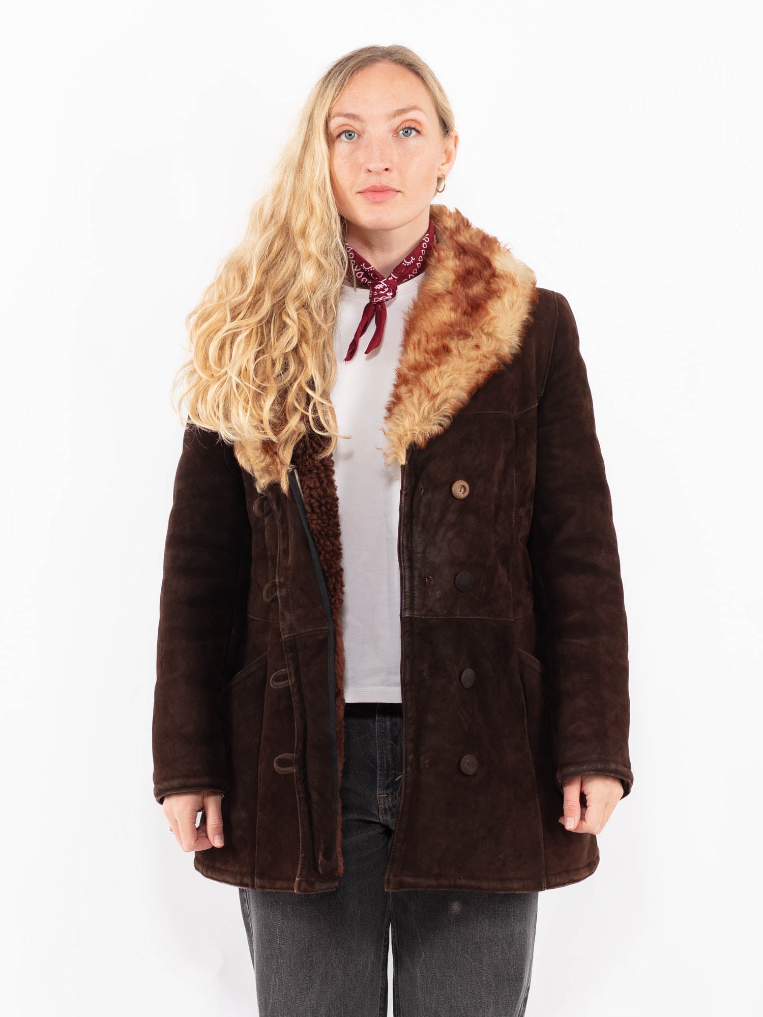 Vintage 70's Women Sheepskin Coat in Brown by Northern Grip