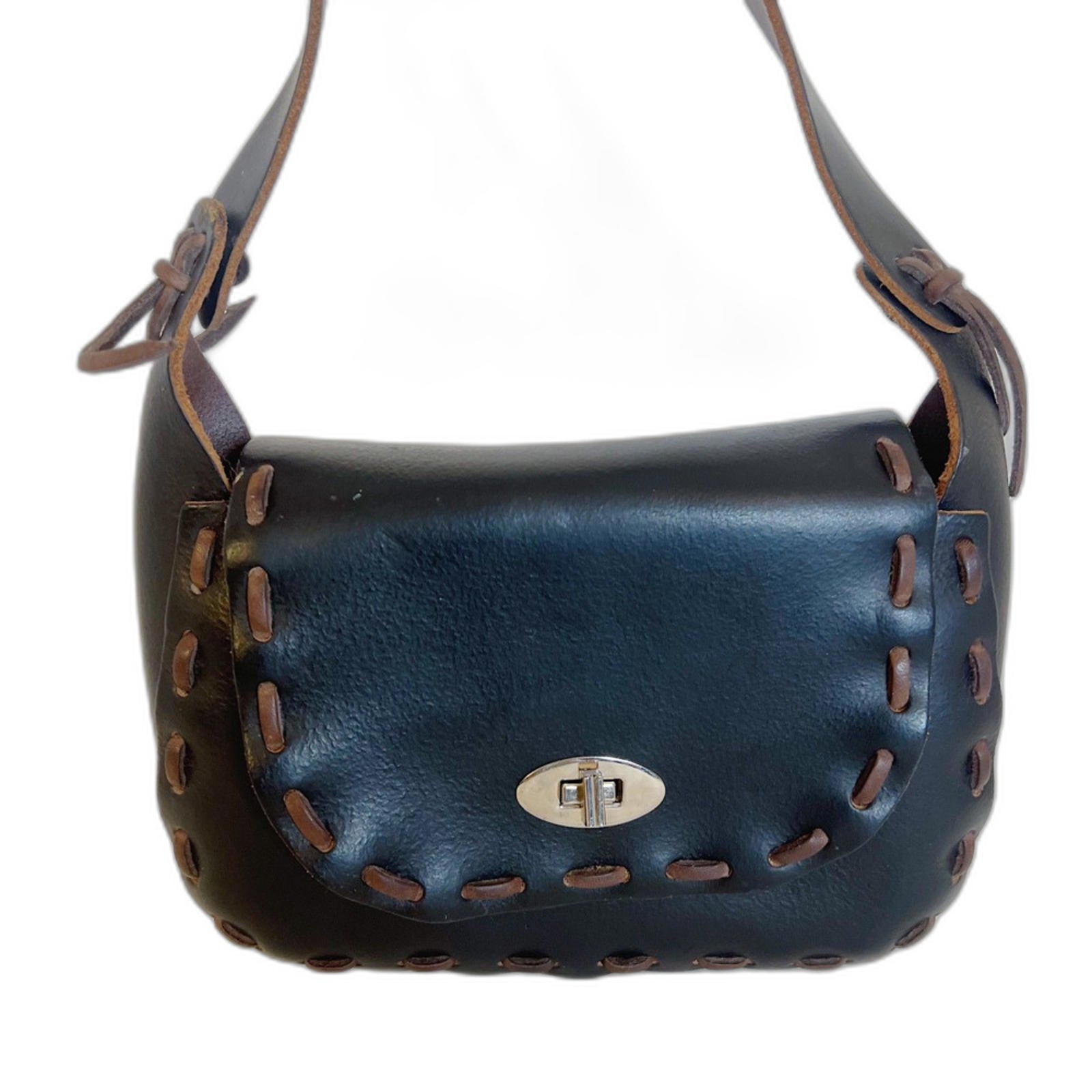 Handmade Vintage Black Leather Western Stitched Shoulder Bag by Hot Girl Secondhand
