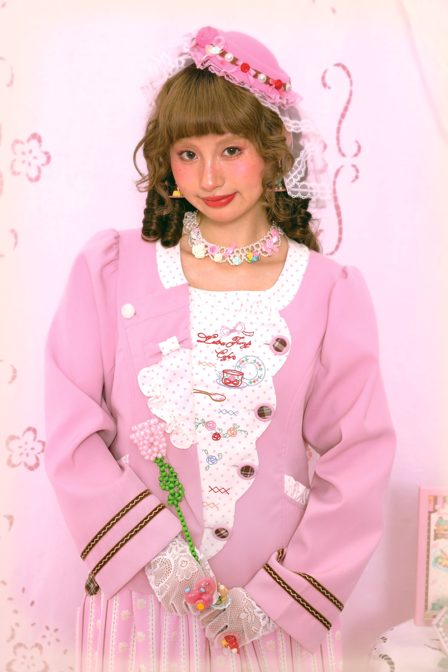 Kawaii Blazer Vintage Polka Dot Embroidery Pink Brown - Lutra Jump by Land Decora