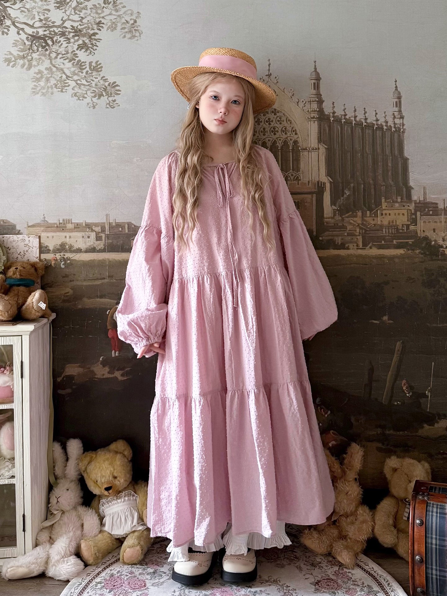 Kawaii Sweet Polka Dot V-Neck Tie Dress Cotton Mid-Length - Labeau by Land Decora