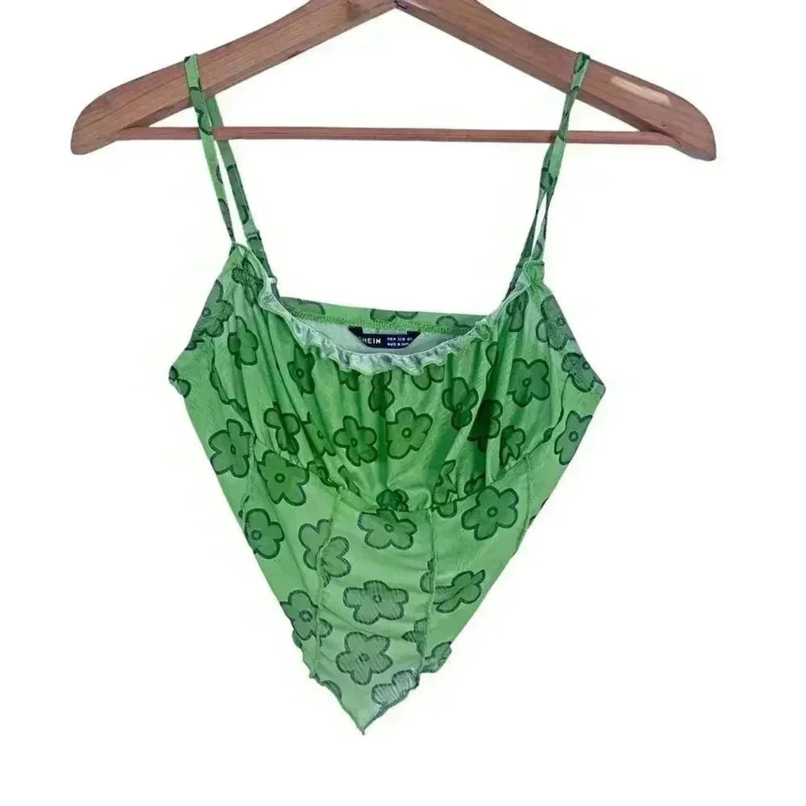 ❤️ 3/$15 Shein Green Floral Mesh Triangle Tank Top Rave Festival Women by Hot Girl Secondhand