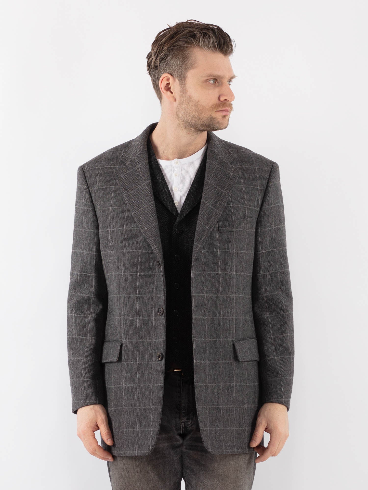 Vintage 90's Men Wool Blazer Jacket in Gray by Northern Grip