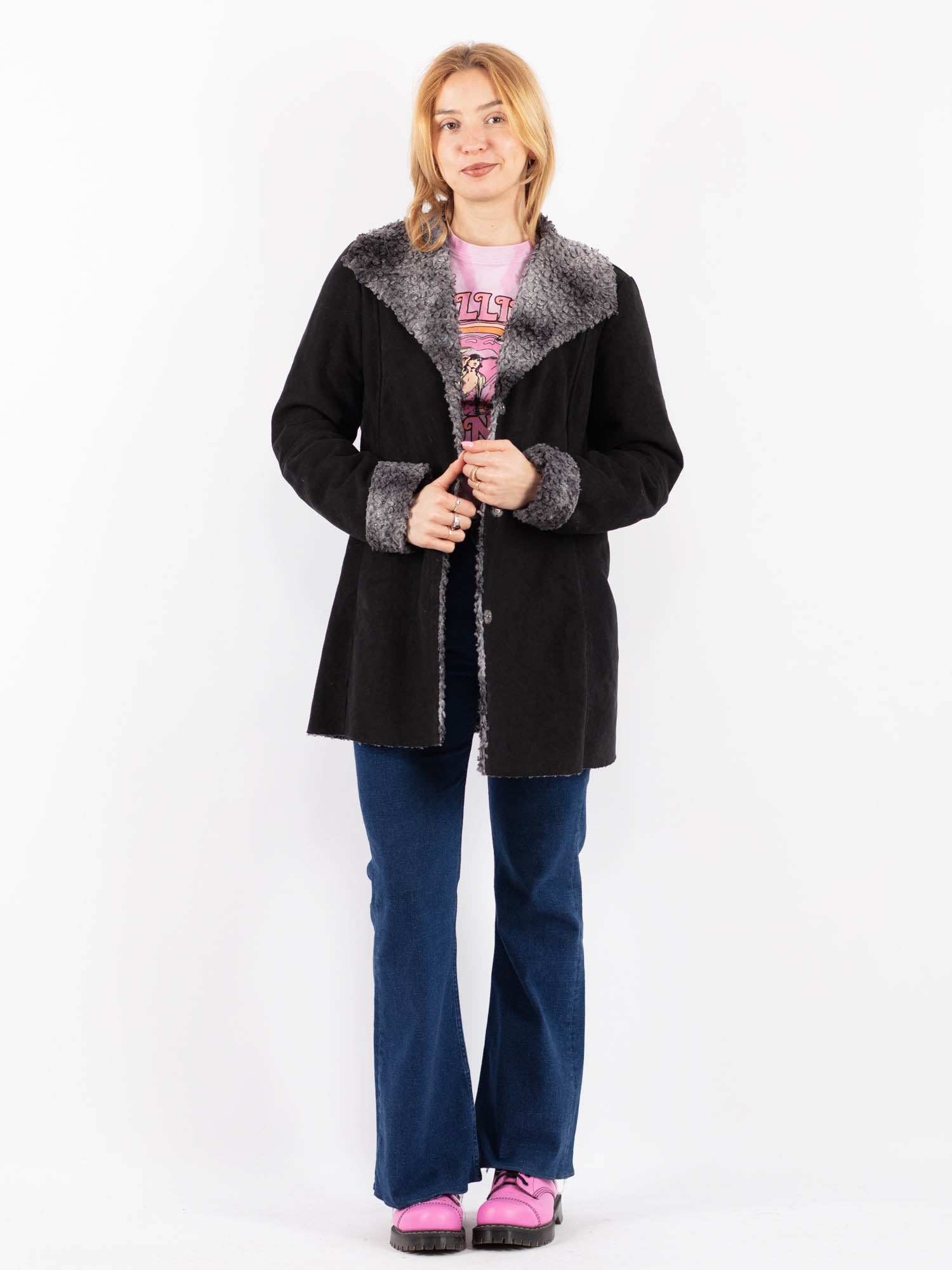 Vintage 90's Women Faux Sheepskin Coat in Black by Northern Grip