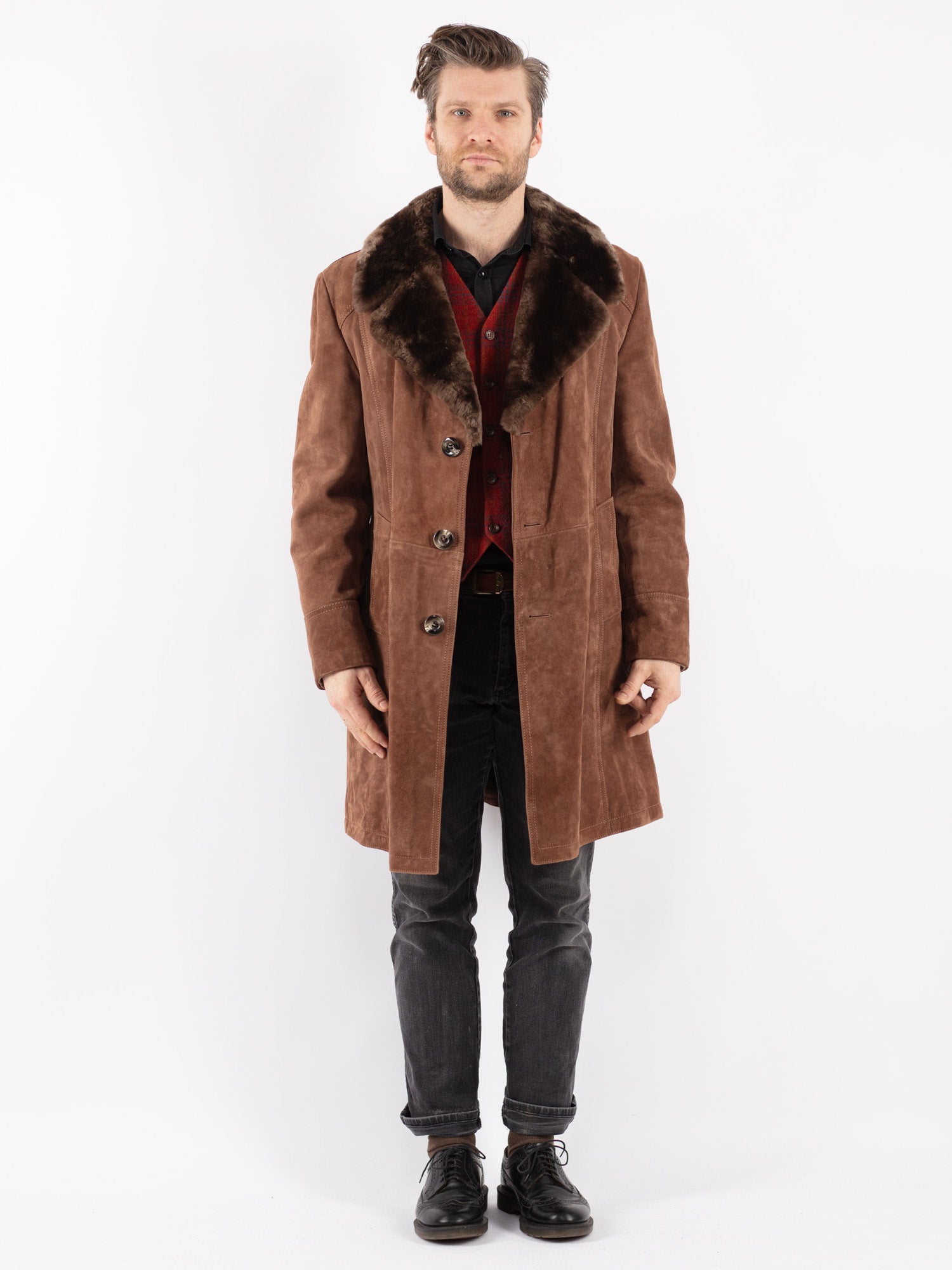 Vintage 70's Men Suede Sherpa Coat in Brown by Northern Grip