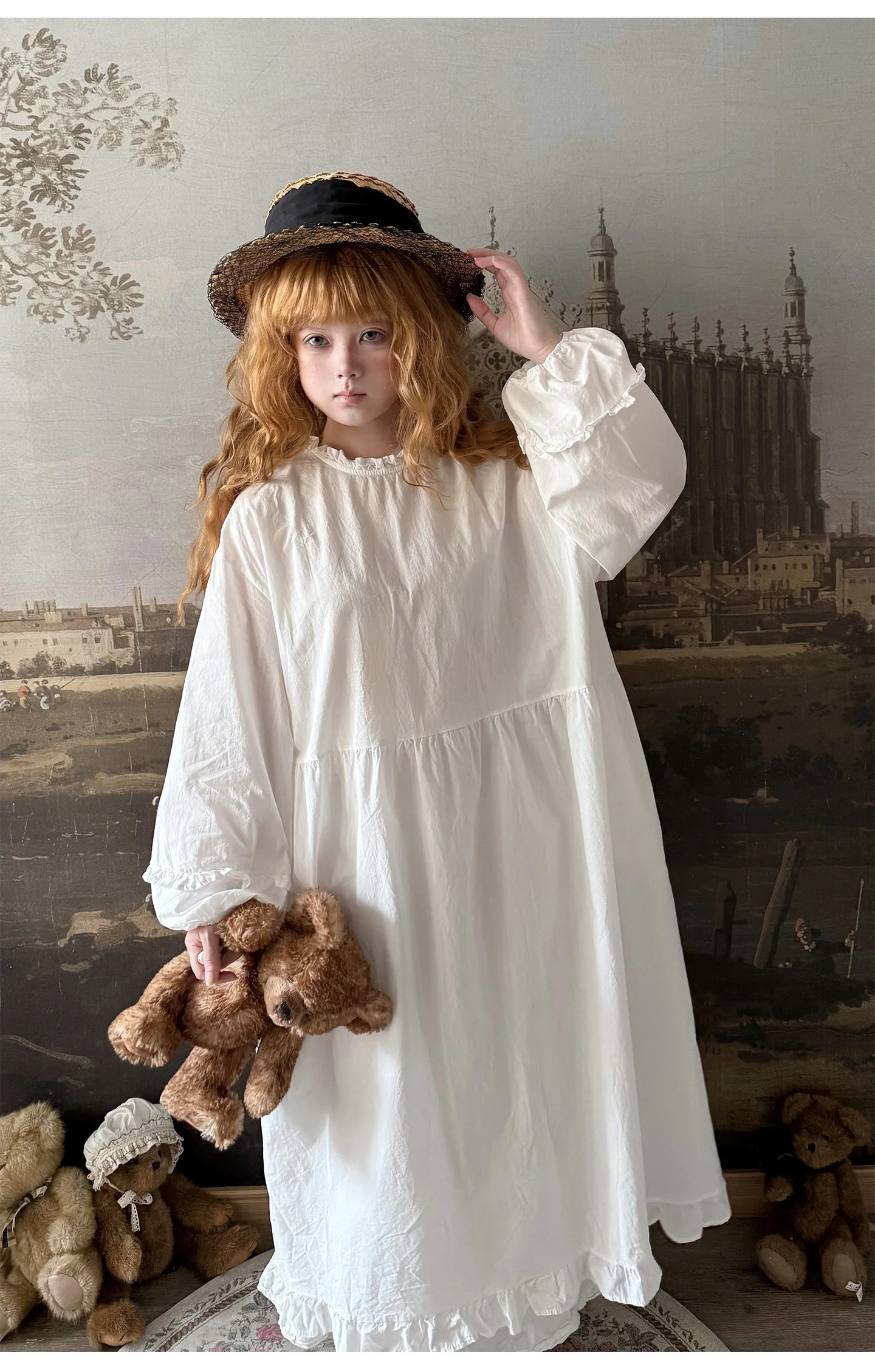 White Puff Sleeve Lace Collar Cotton Dress - Labeau by Land Decora