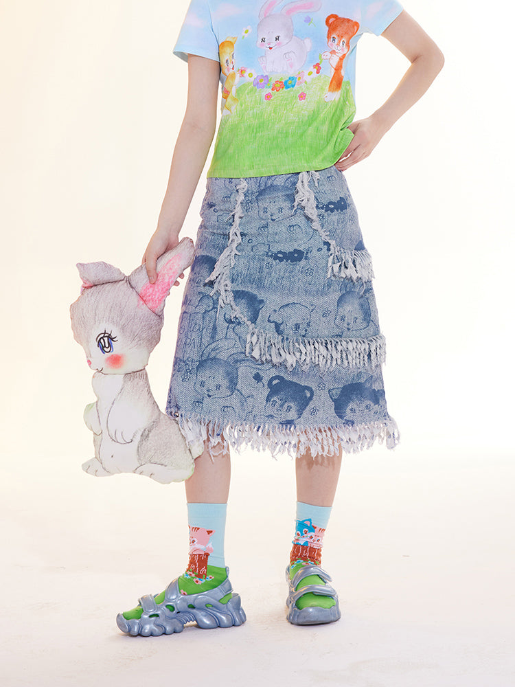 Harajuku Skirt Light Blue Skirt Animal Print Skirt Mid-Length Skirt A-Line Skirt | Tntntutu by Land Decora