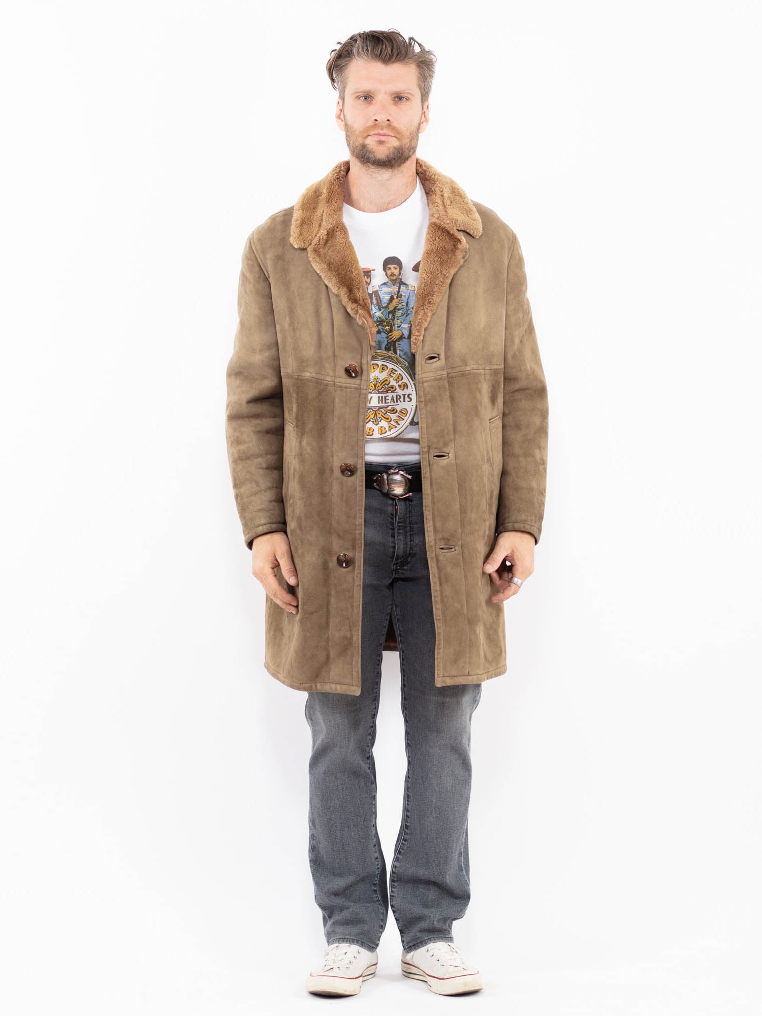 Vintage 70's Men Sheepskin Coat in Beige by Northern Grip