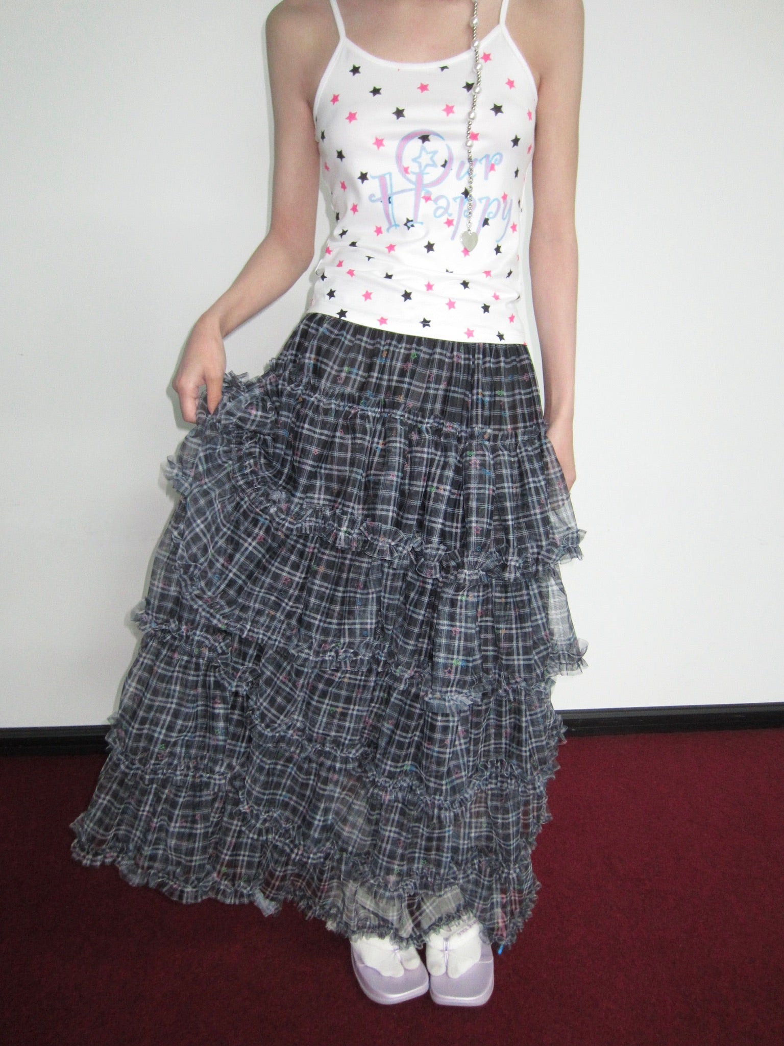 OurHappy Star Plaid Skirt | Layered Mesh Skirt | Maxi Pettiskirt by Land Decora