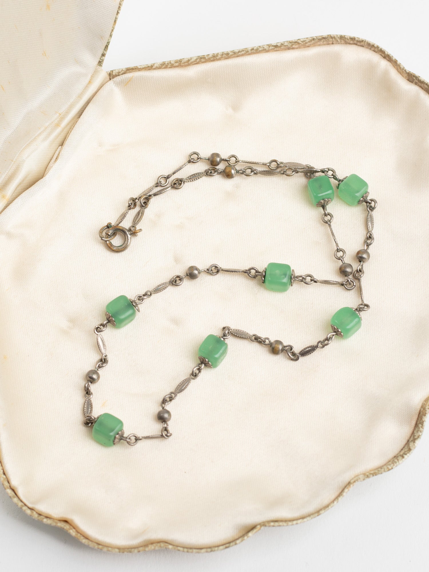 Vintage 30s Art Deco Green Glass Cube Bead Necklace by Northern Grip
