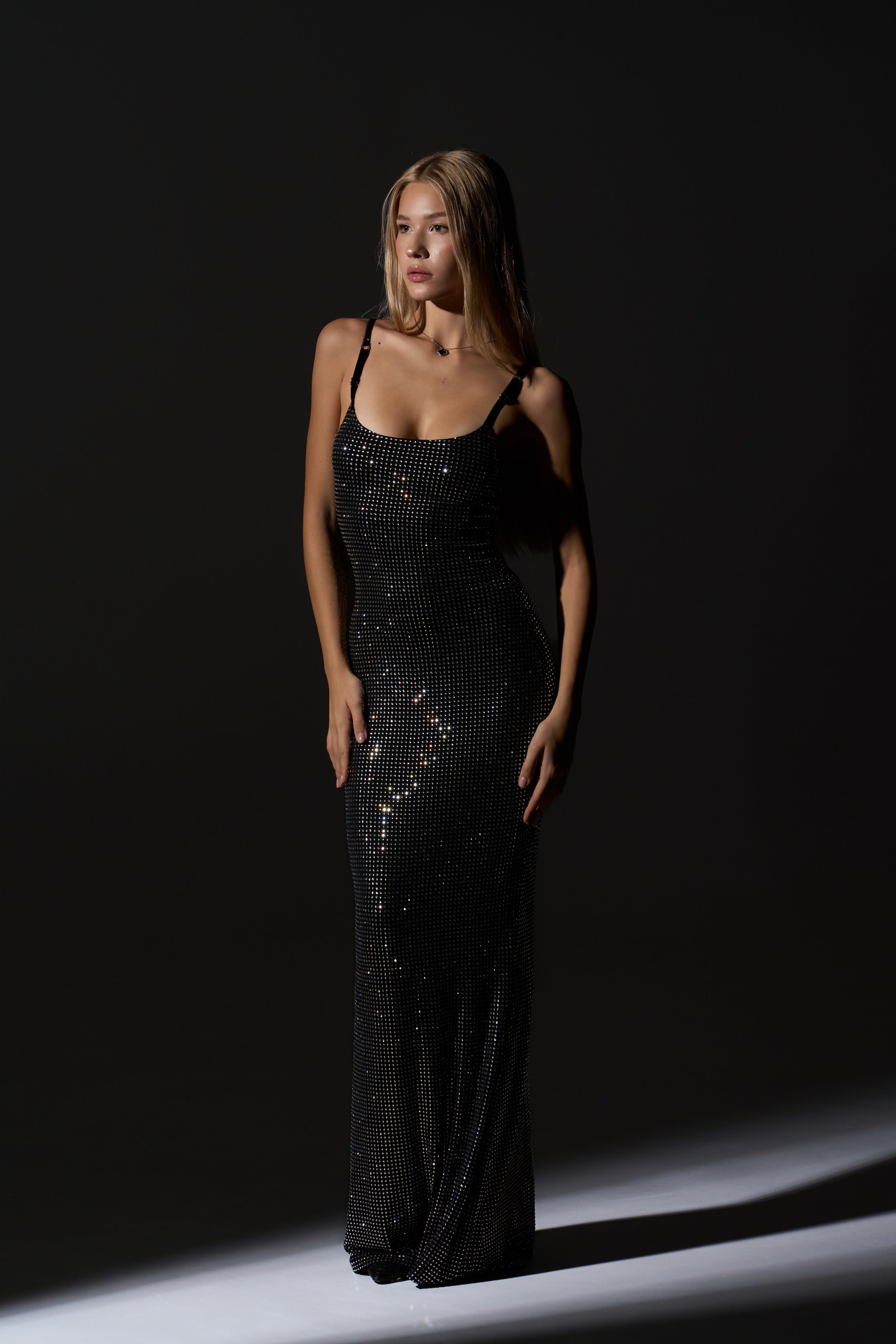 Icon Strappy Rhinestone Embellished Maxi Dress in Silver & Black by MERIEL