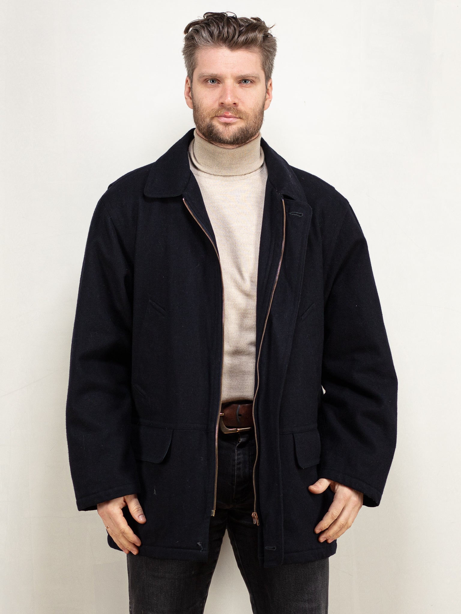 Vintage 80's Men Wool Blend Coat in Navy by Northern Grip