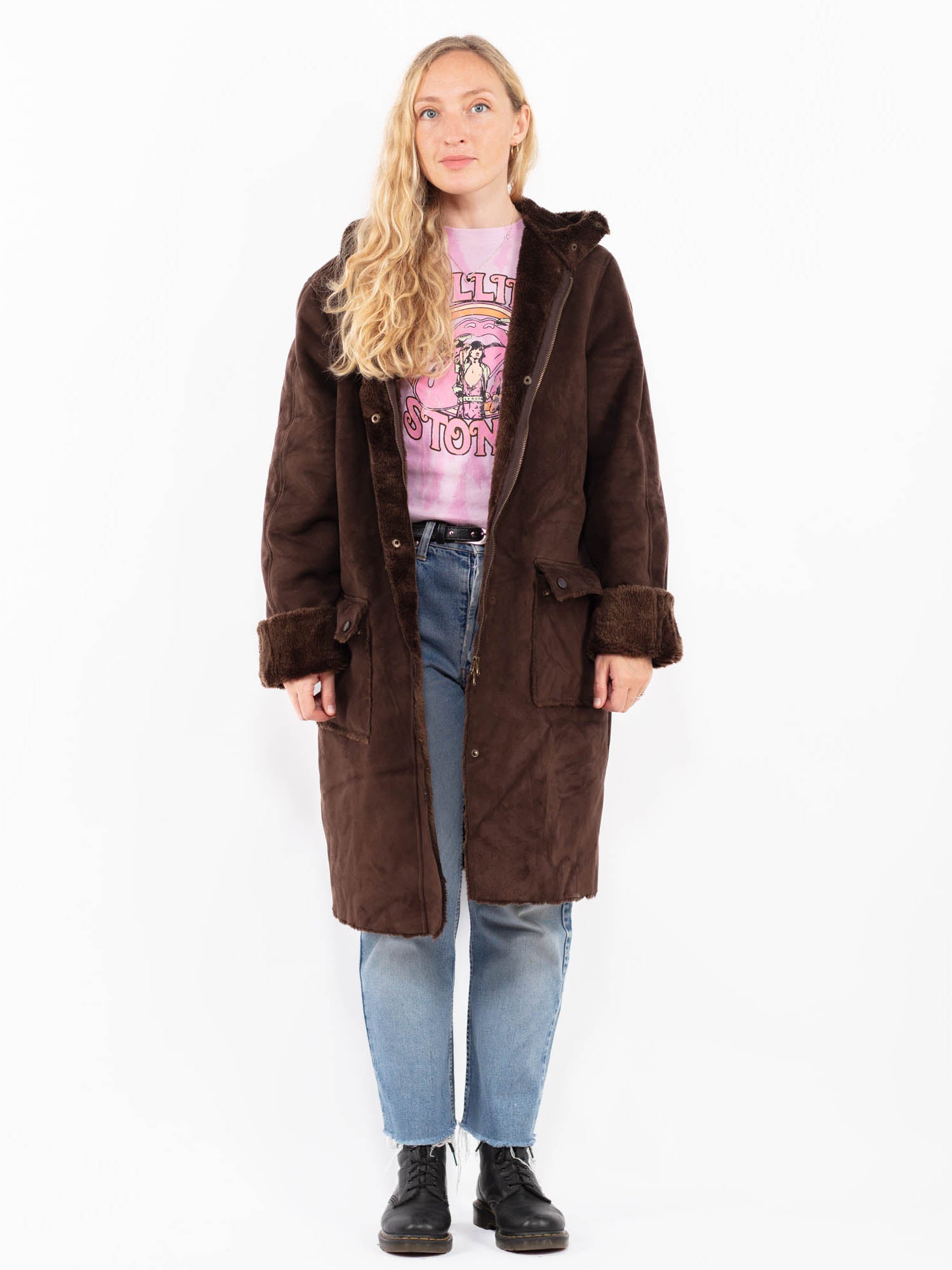 Vintage 90's Women Faux Sheepskin Coat in Brown by Northern Grip