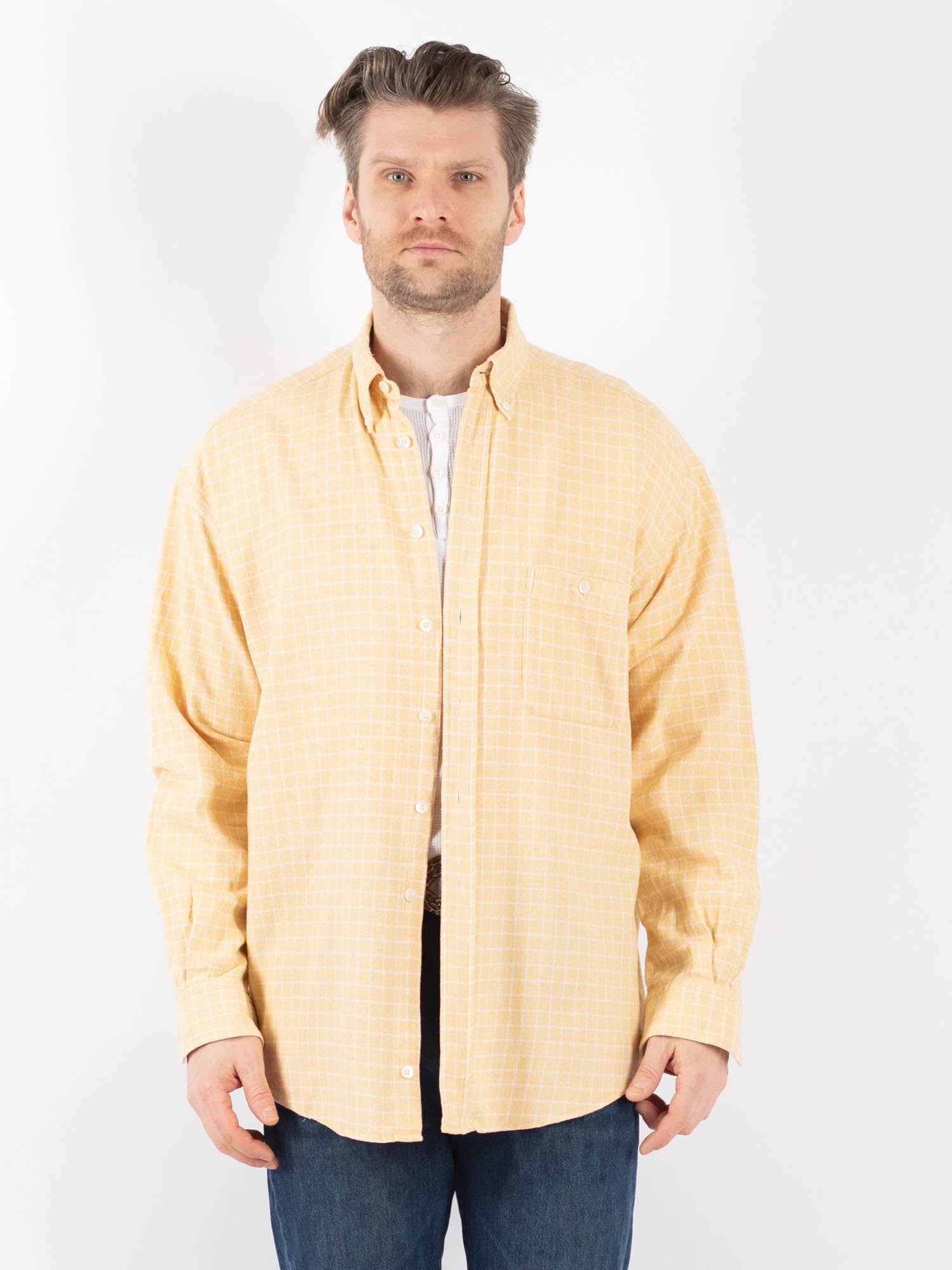Vintage 90's Men Plaid Flannel Shirt in Beige by Northern Grip