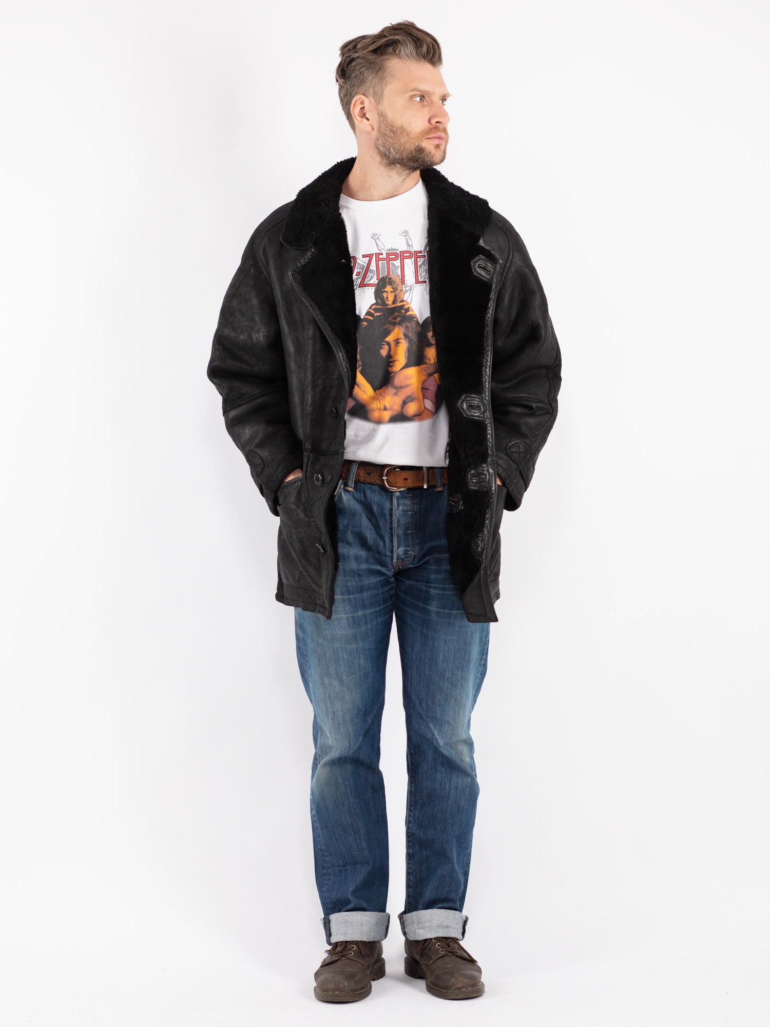 Vintage 70's Men Sheepskin Shearling Coat in Black by Northern Grip