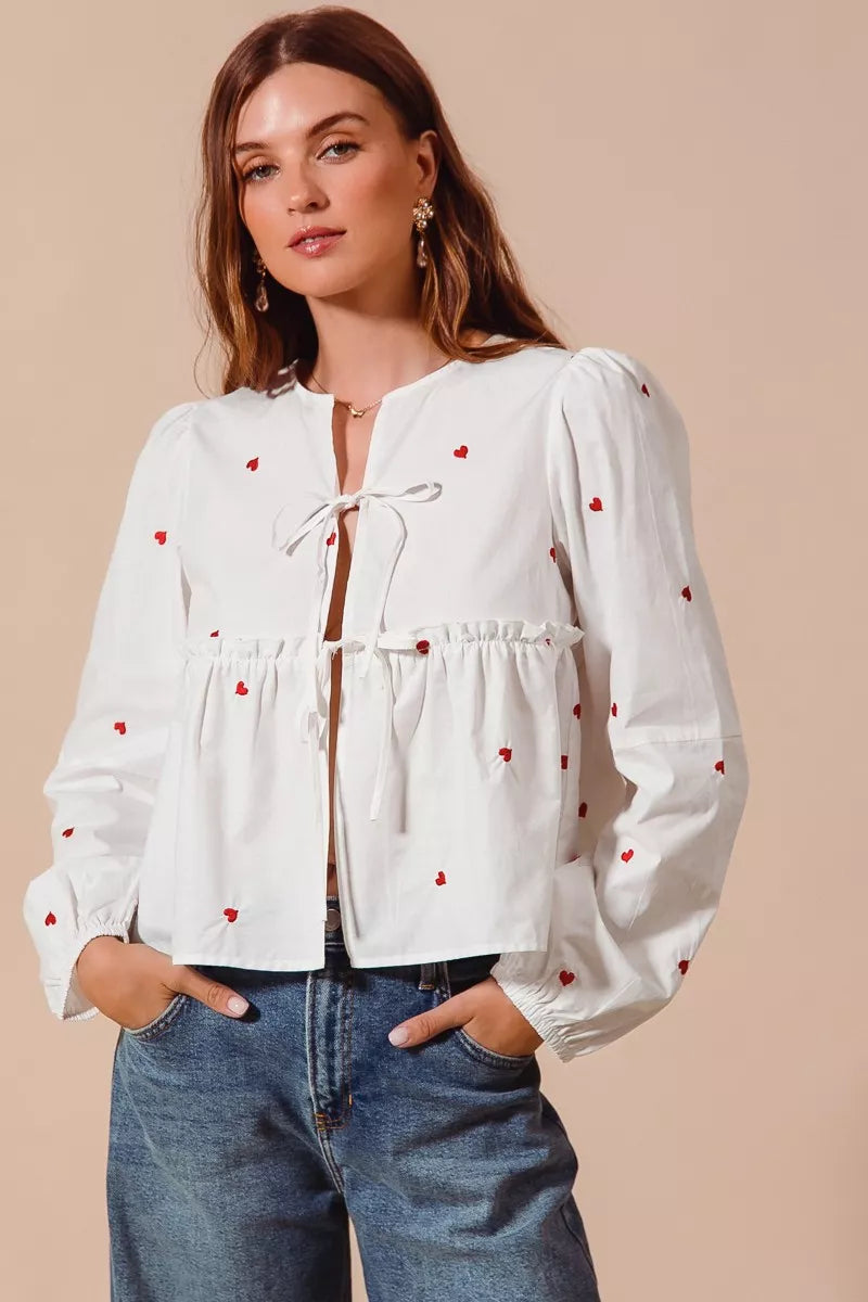 FRONT TIE HEART BLOUSE WITH PUFF SLEEVE by RAËLIV