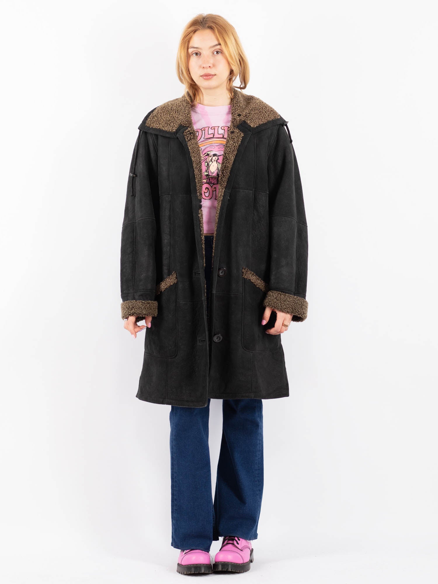 Vintage 90's Women Oversized Sheepskin Coat in Black by Northern Grip