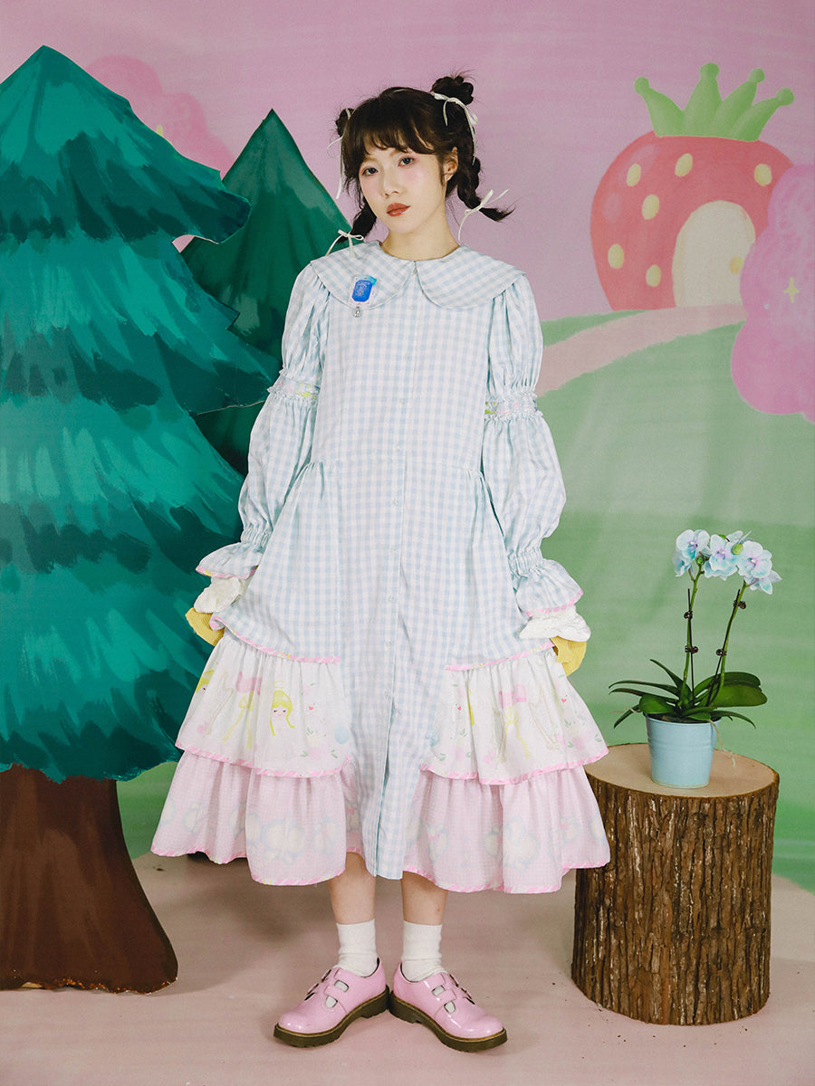 Harajuku Lolita Angel Orchid Print Court Dress – Meugler Blue Plaid by Land Decora