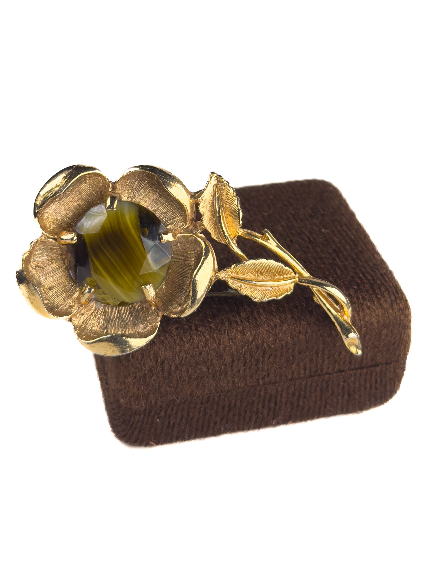 Vintage 1960s Tiger’s Eye Glass Flower Brooch Gold-Tone Floral Pin Retro Botanical Jewellery by Northern Grip