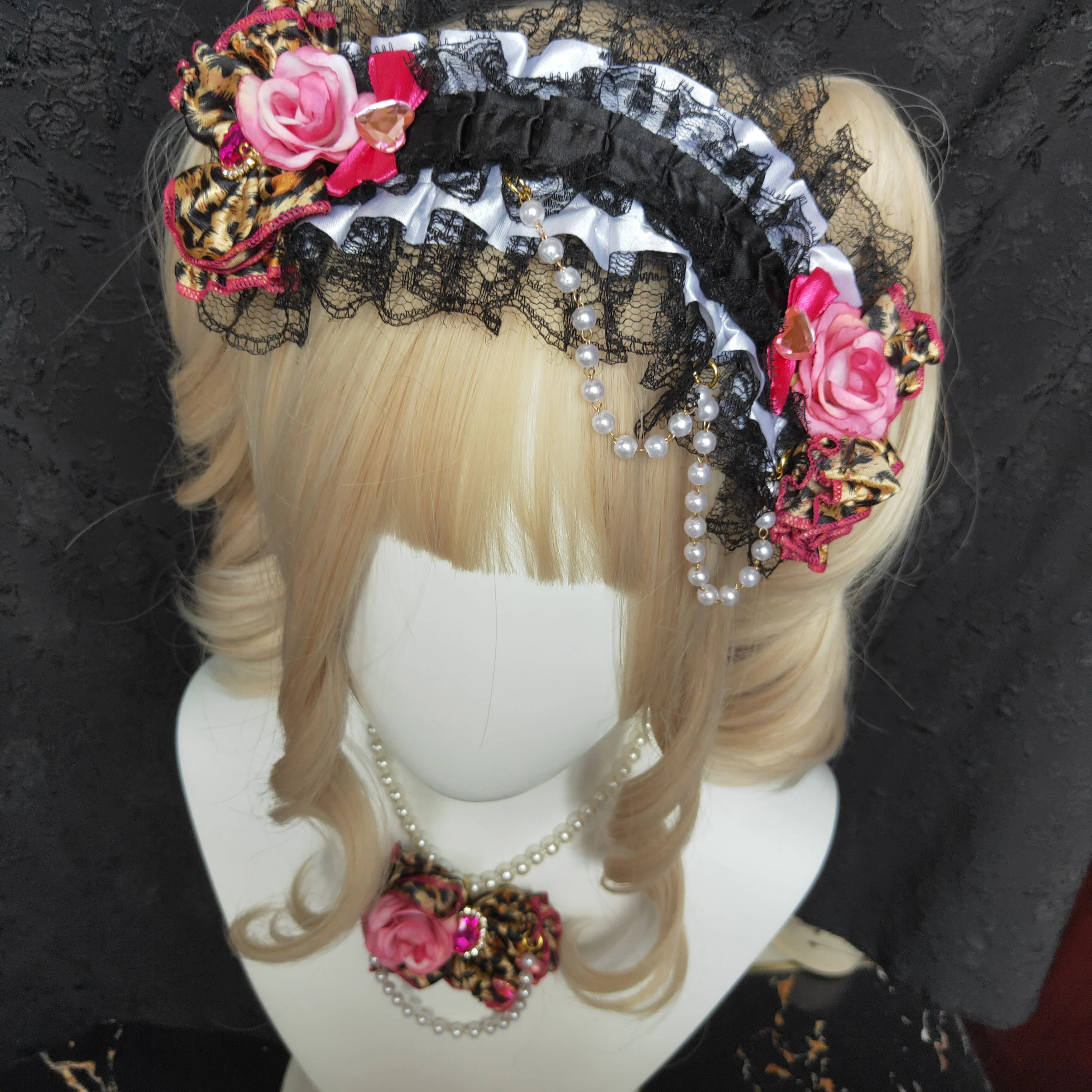 Gyaru Leopard Rose Chain Bow Hair Clip by Land Decora