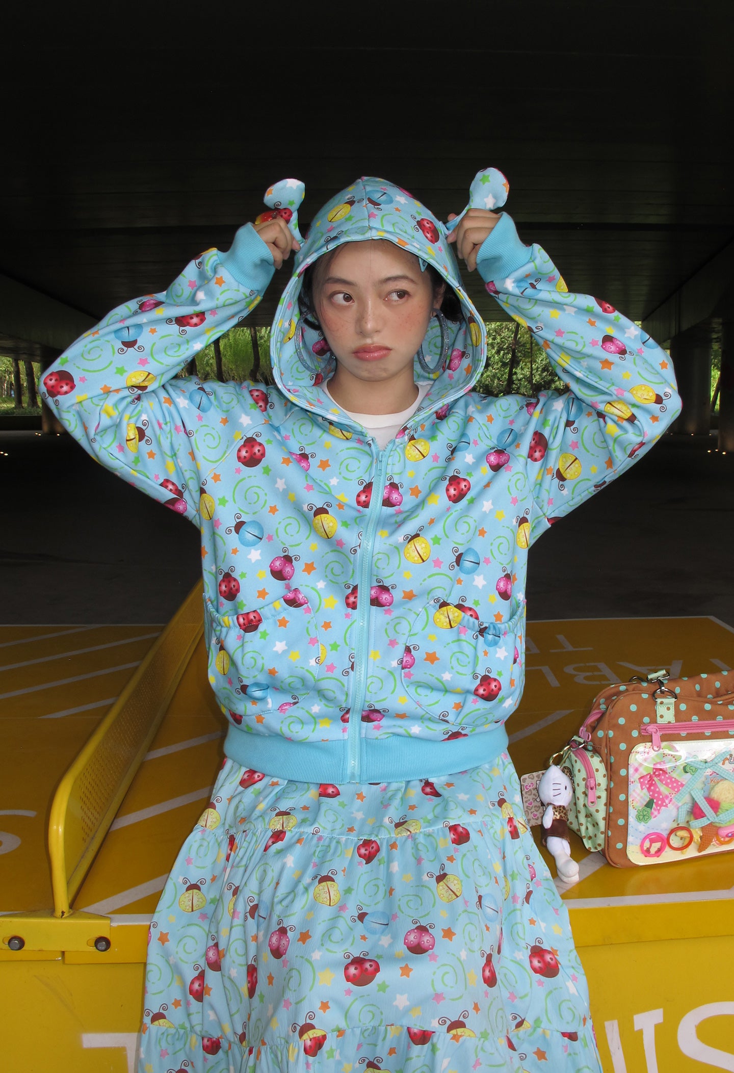 Kawaii Hoodie Skirt Set Blue Beetle Print - FruFru by Land Decora