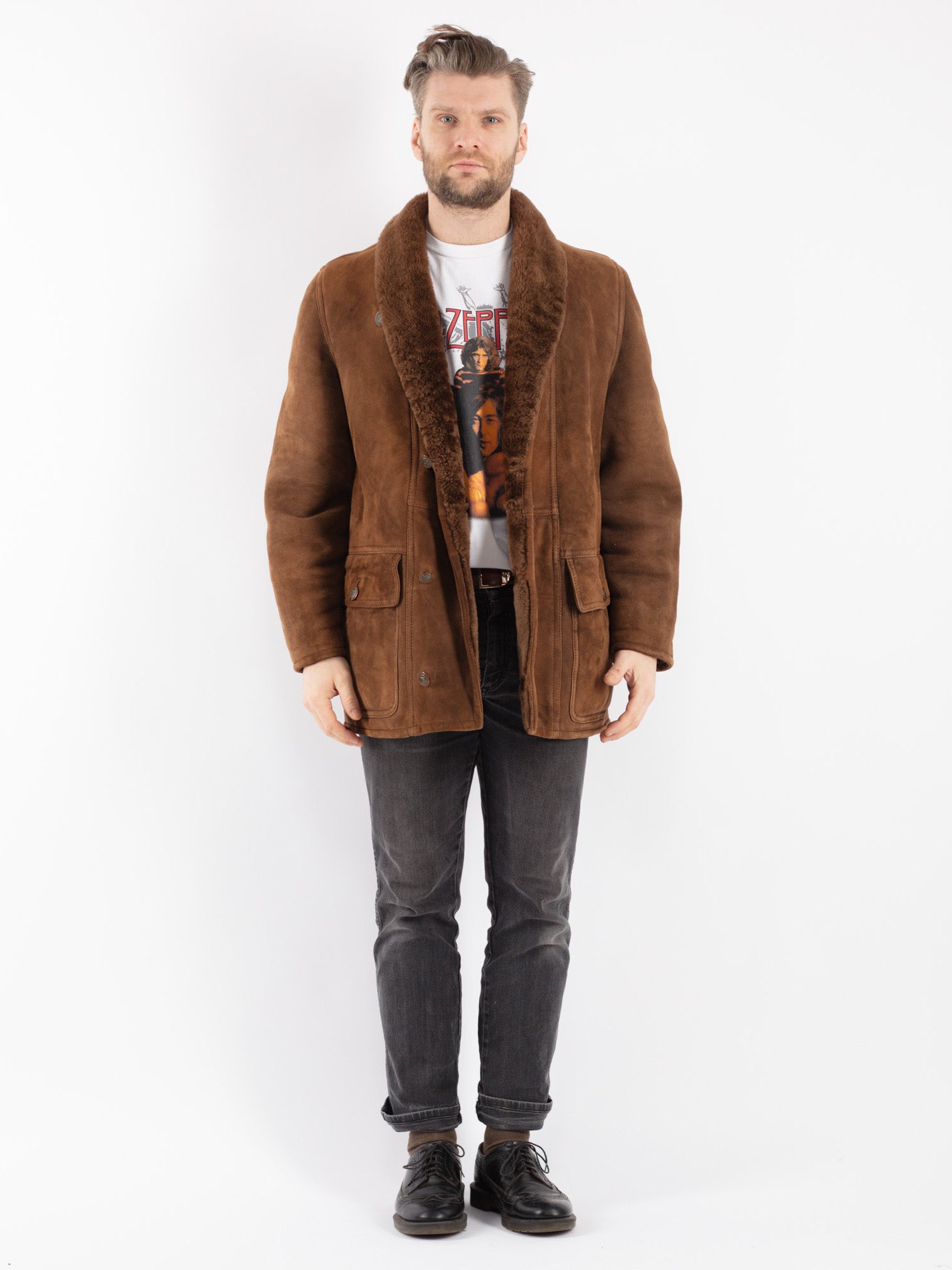 Vintage 90's Men Sheepskin Shearling Coat in Brown by Northern Grip