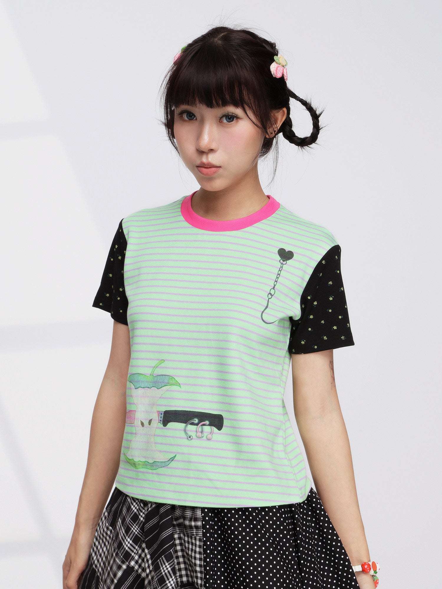 Apple Stripe Contrast Tee Y2K Kawaii - FRUITS by Land Decora