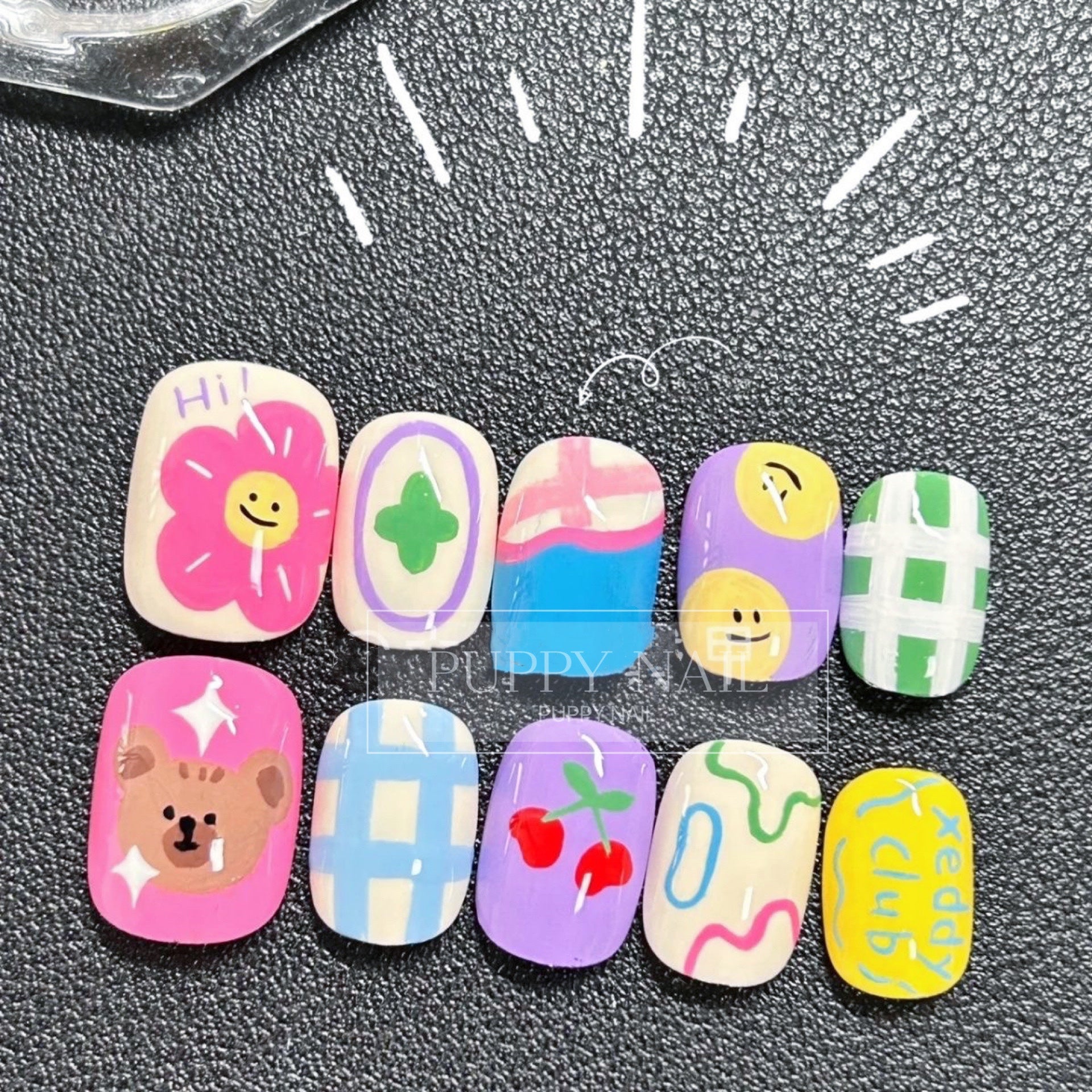 Puppy Bear Party Graffiti Hand-Painted Nail Art | Cute Thai Summer Car by Land Decora