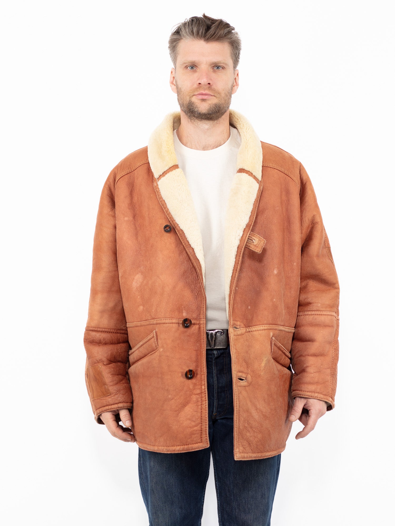 Vintage 80's Men Sheepskin Coat in Brown by Northern Grip