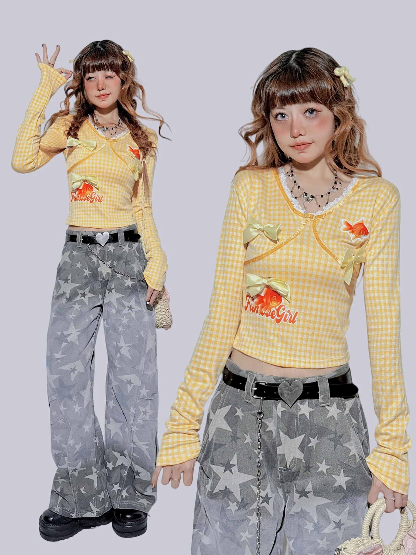 Kawaii Plaid Long Sleeve Top - FANLOVEGIRL by Land Decora