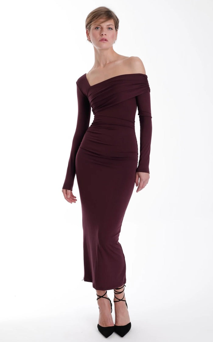 Karina Grimaldi Alex Maxi Dress in Merlot by Sierra Deene