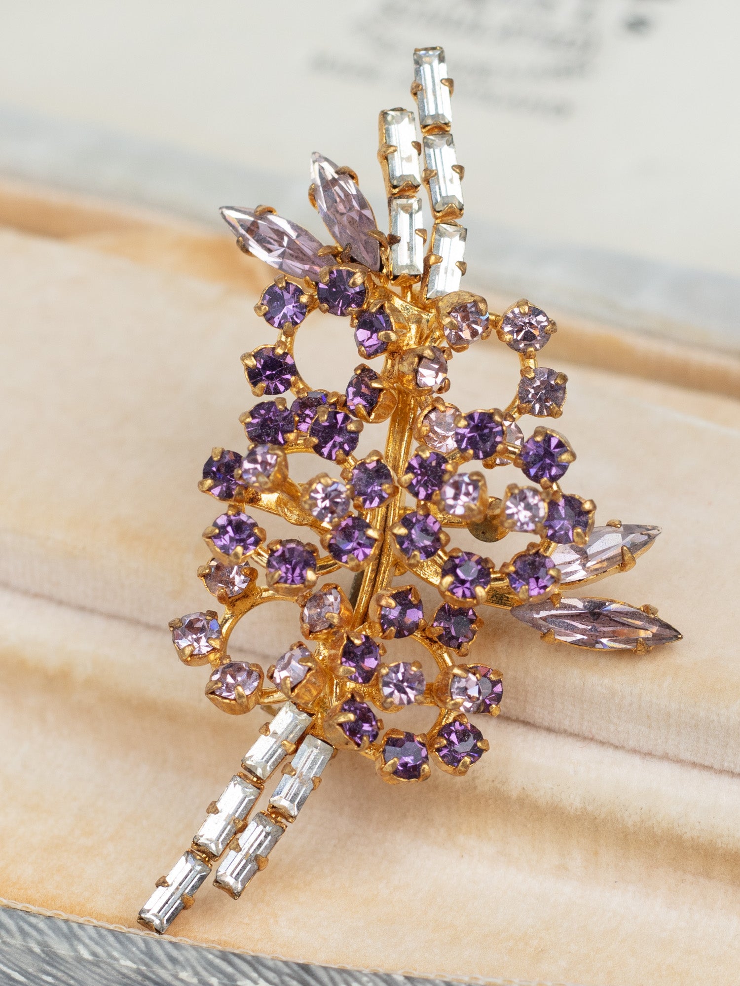 Vintage 50s Sparkling Brooch with Purple and Clear Rhinestones by Northern Grip