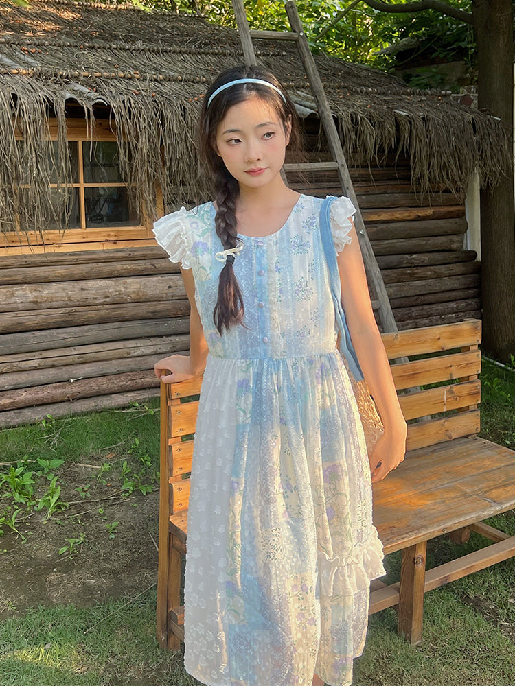 Kawaii Light Blue Chiffon Vest Dress Ruffle Cap Sleeve Midi - Mameya by Land Decora
